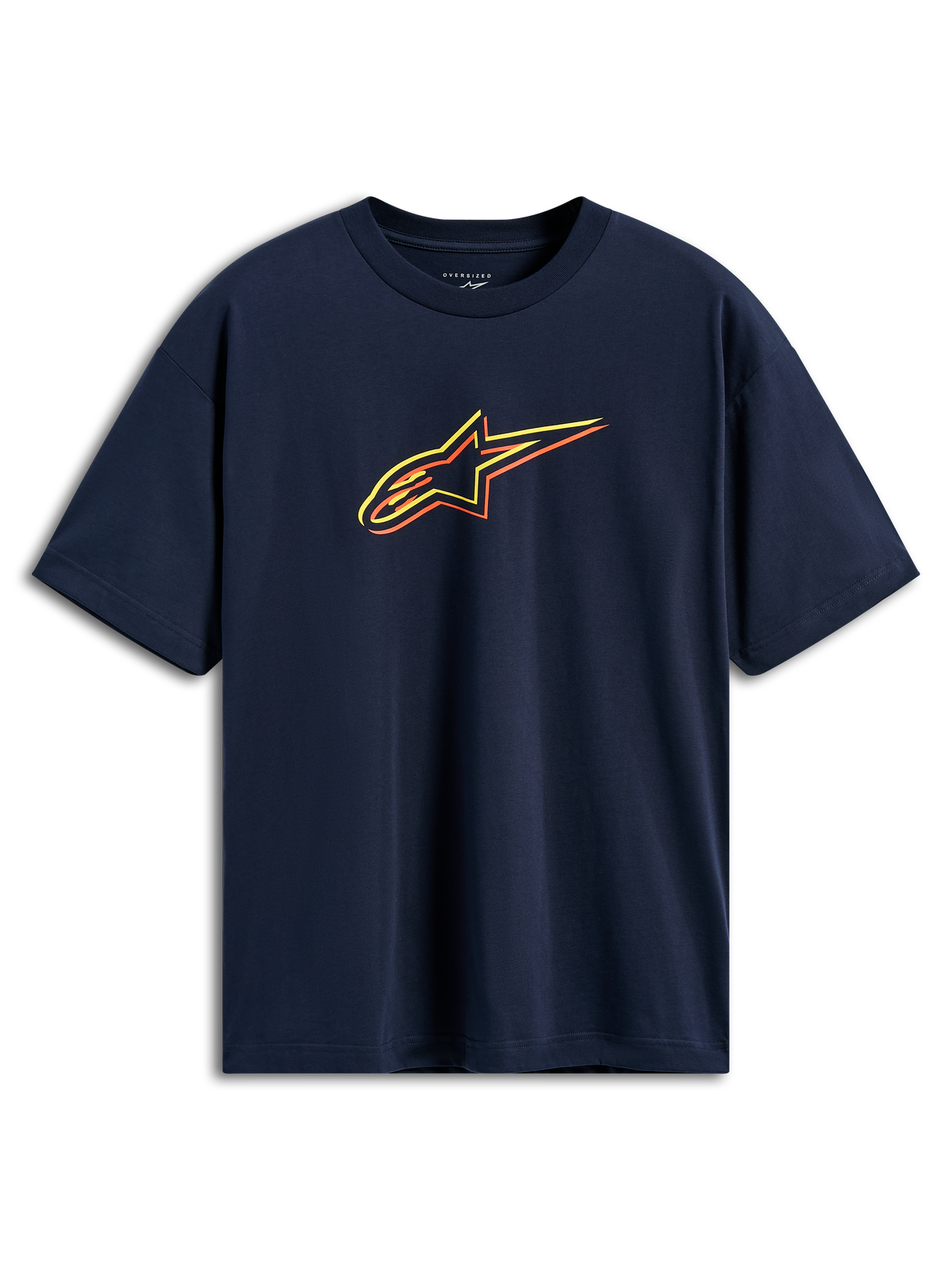 Alpinestars Alter Oversized CSF Tee, T-shirt de manga curta azul marinho, logótipo Astars com contornos em amarelo, laranja e vermelho, estilo streetwear casual de inspiração motorsport