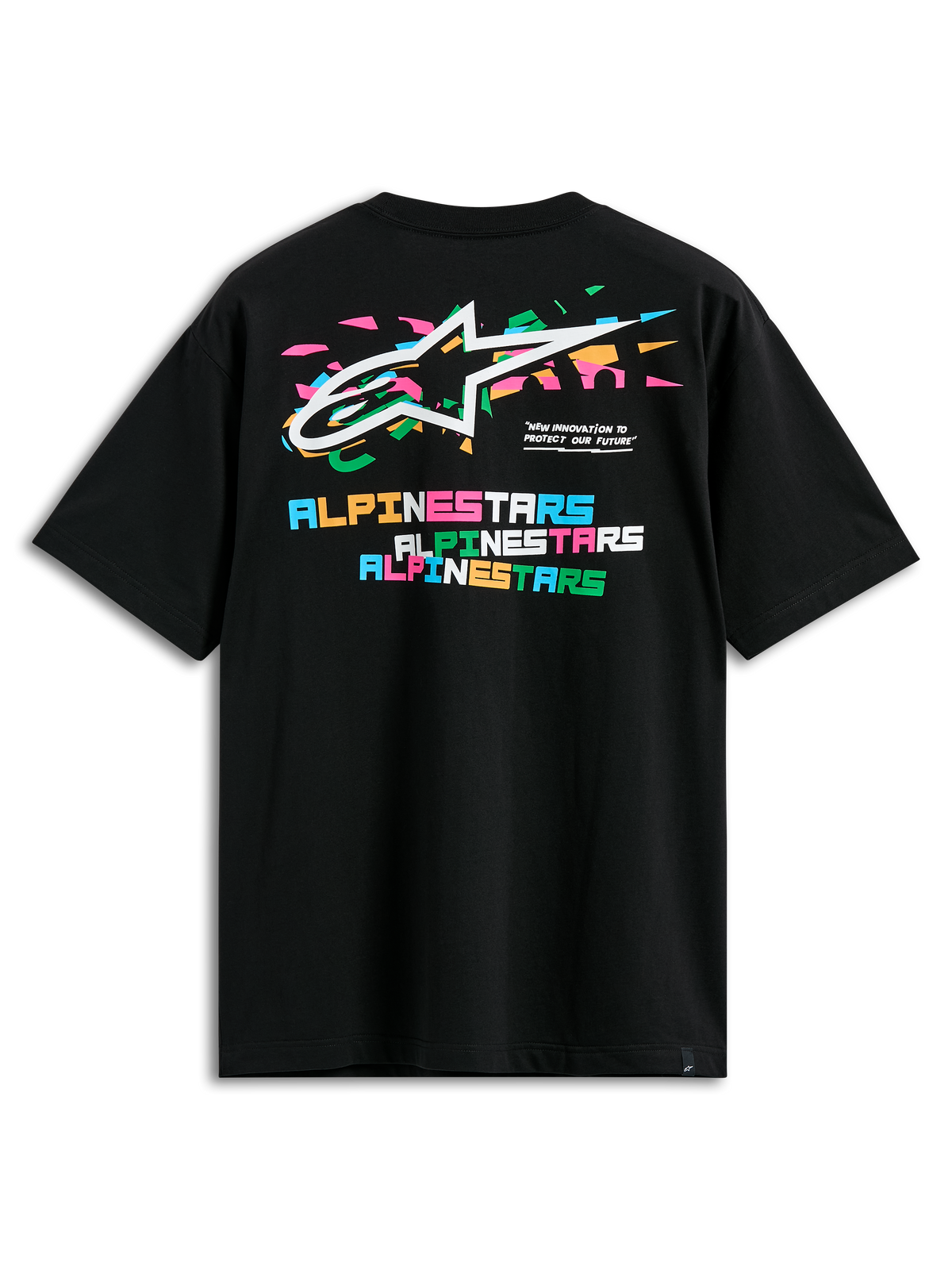 Alpinestars Wild Oversized CSF Tee, t-shirt de manga curta, preta, vista das costas com logótipo Astars multicolorido vibrante e letras Alpinestars em blocos empilhados, streetwear casual