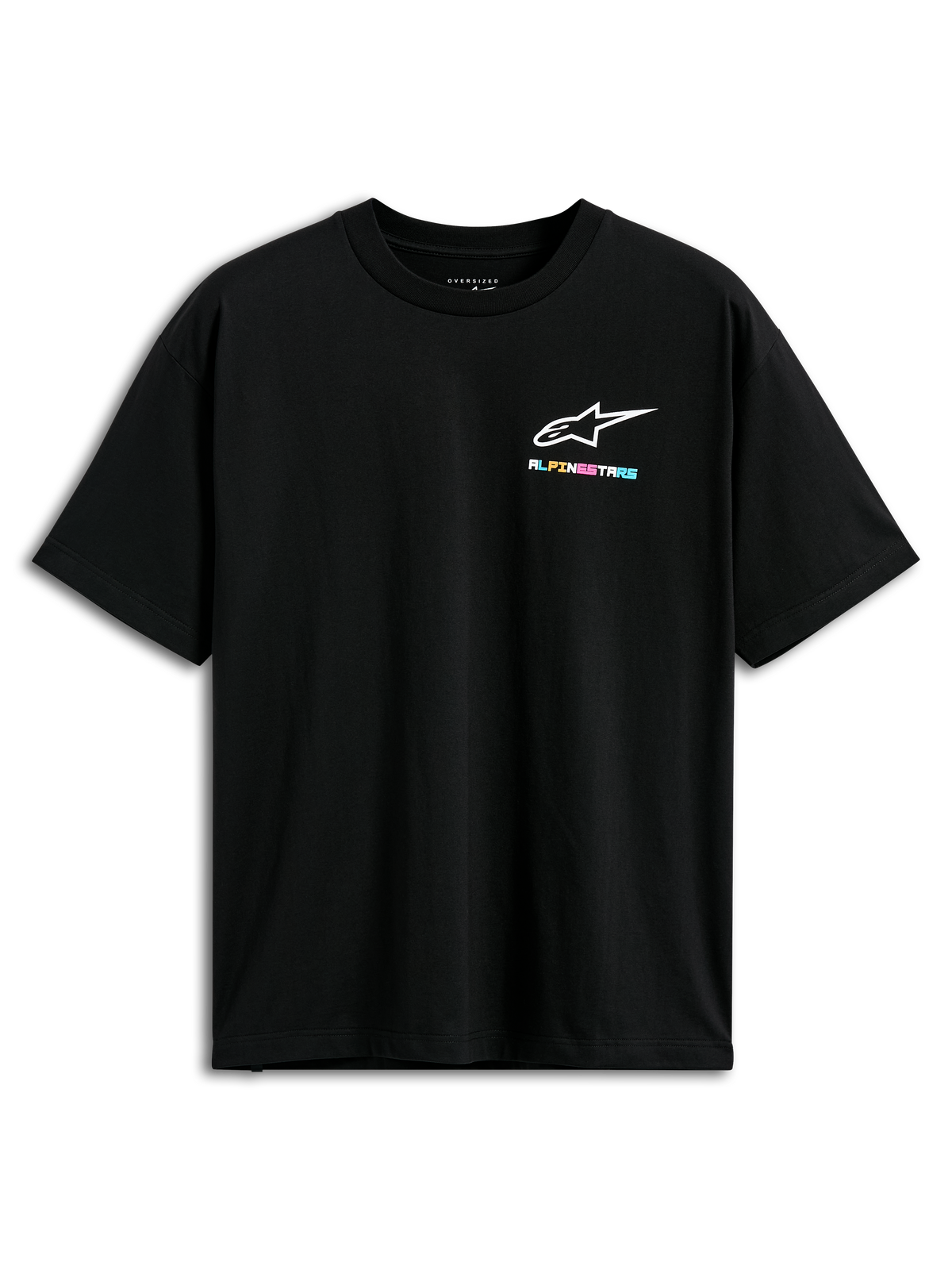 Alpinestars Wild Oversized CSF Tee, t-shirt de manga curta, preta, com um pequeno logótipo Alpinestars multicolorido vibrante no peito, corte oversized, streetwear casual