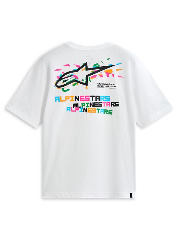 Alpinestars T-Shirt Wild Oversized CSF, t-shirt de manga curta branca, vista traseira com gráfico de logótipo multicolorido vibrante e texto, casual sportswear