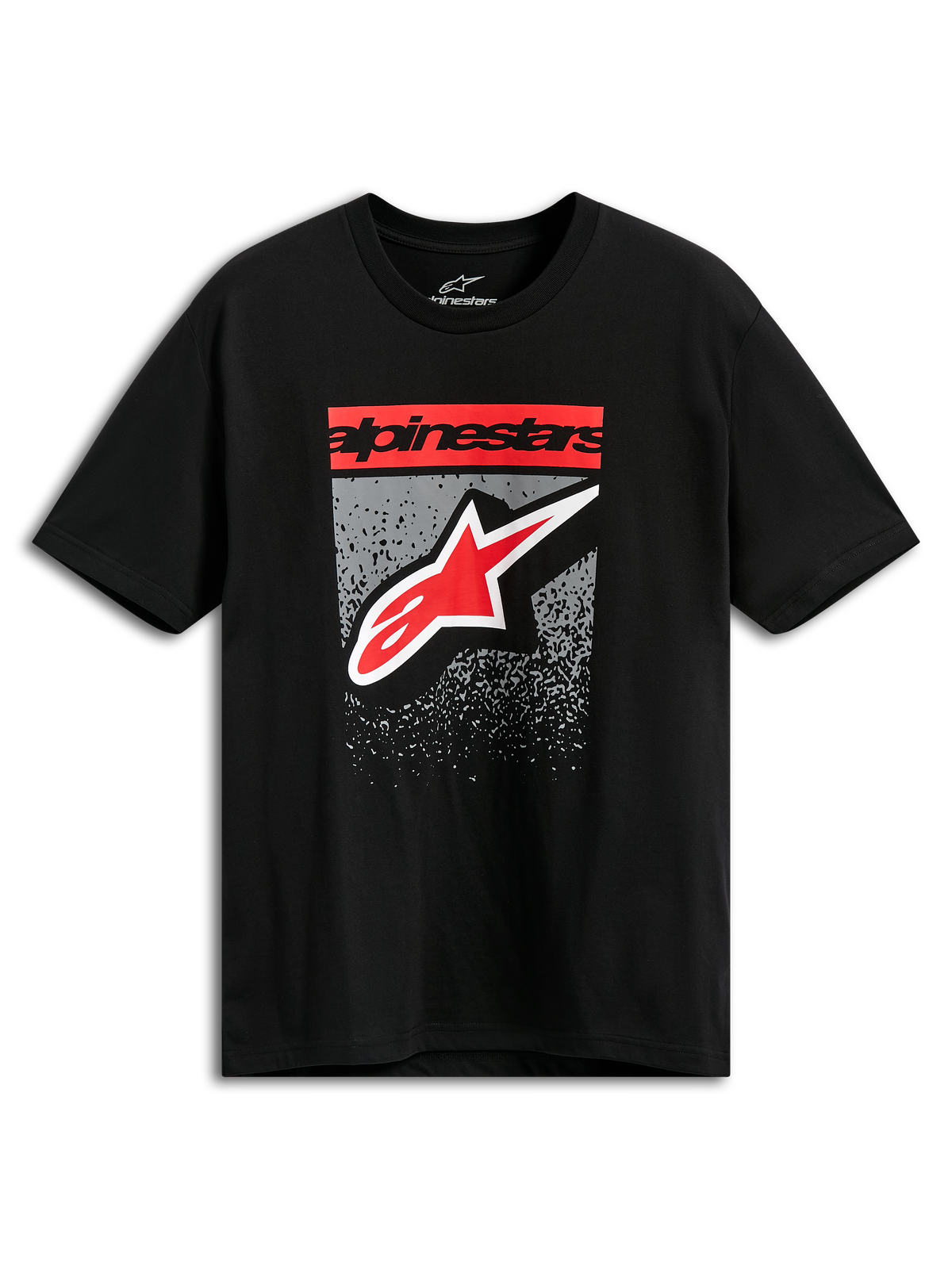 T-shirt Alpinestars Noka CSF, t-shirt de manga curta, preta, com texto Alpinestars em bloco vermelho e logótipo Astars sobre um gráfico de gradação MX cinzenta, streetwear casual de desportos motorizados