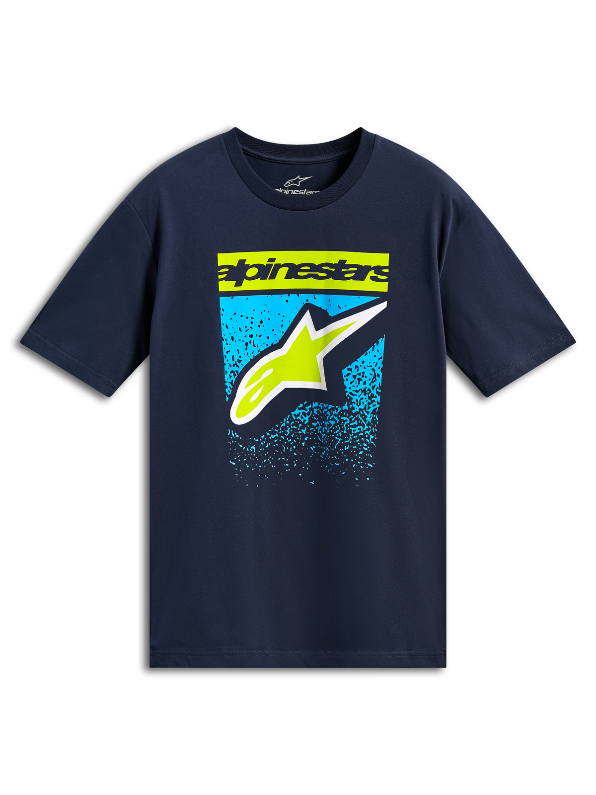 Alpinestars Noka CSF Tee, t-shirt de manga curta, azul-marinho, logótipo nominativo verde-lima e logótipo Astars com grafismo em gradação azul, streetwear casual de desportos motorizados