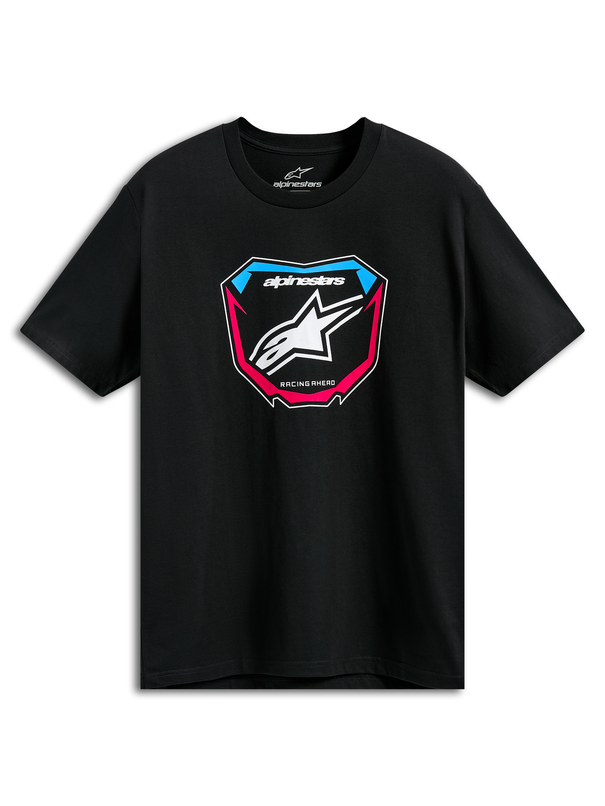 Alpinestars Plate CSF Tee, t-shirt de manga curta, preta, com gráfico frontal de placa de MX, logótipo de estrela branco e detalhes em azul e cor-de-rosa, vestuário desportivo casual de desporto motorizado