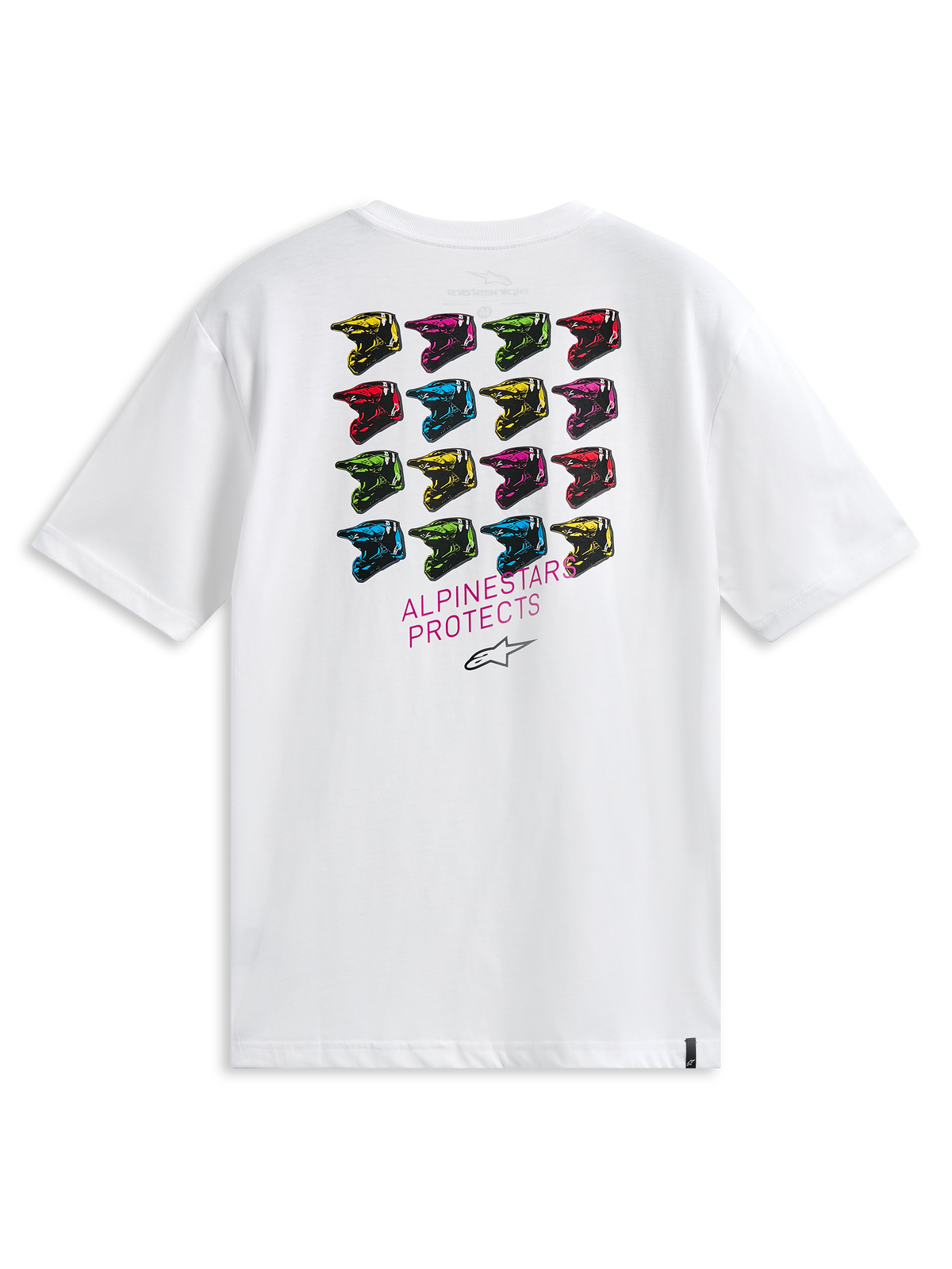 Alpinestars Pop Helmet CSF Tee, t-shirt de manga curta, branca, vista traseira com uma grelha de capacetes M10 multicoloridos e o texto ALPINESTARS PROTECTS, streetwear casual inspirado no desporto motorizado