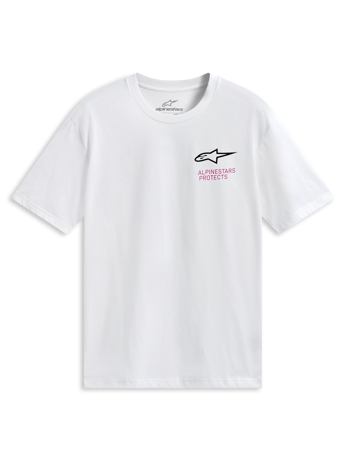 Alpinestars Pop Helmet CSF Tee, t-shirt de manga curta branca, com logótipo Astars na frente e inscrição 'Alpinestars Protects' em cor-de-rosa, gráfico colorido do capacete M10 nas costas, vestuário desportivo casual de motorsport