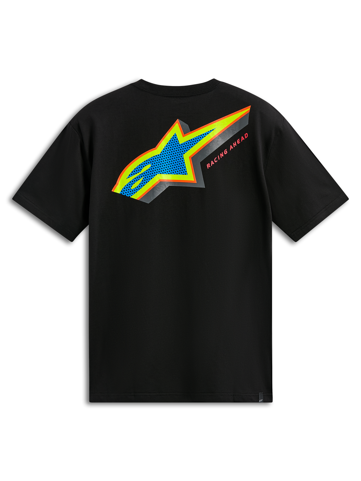 T-shirt Alpinestars Angler CSF, t-shirt de manga curta, preta, vista traseira com logótipo Astars multicolor com preenchimento perfurado azul e texto Racing Ahead, streetwear casual de desporto motorizado