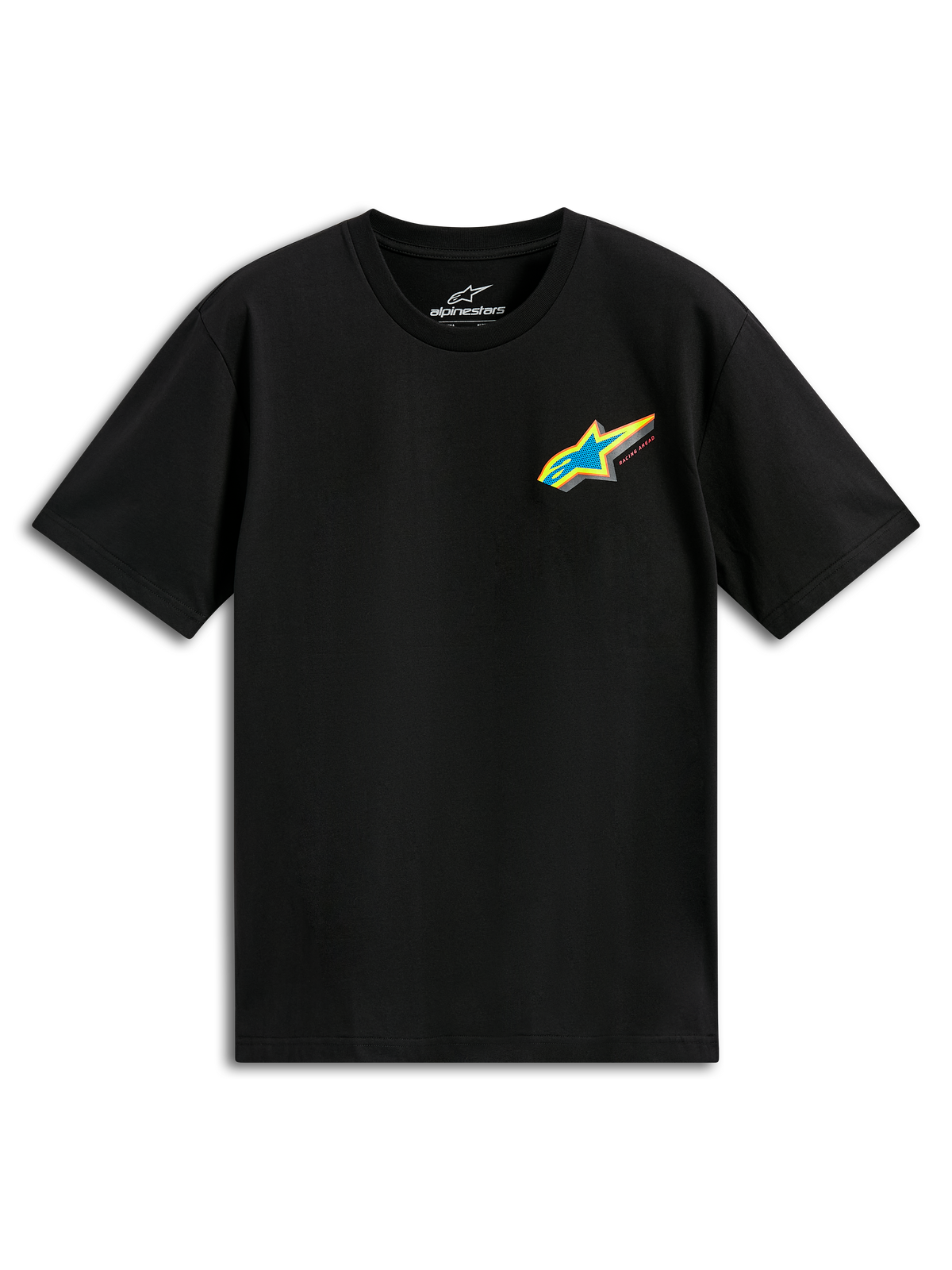 Alpinestars Angler CSF Tee, t-shirt de manga curta, preta, logótipo Astars vibrante e multicolor com estrela azul e contorno amarelo no peito, streetwear casual de motorsport
