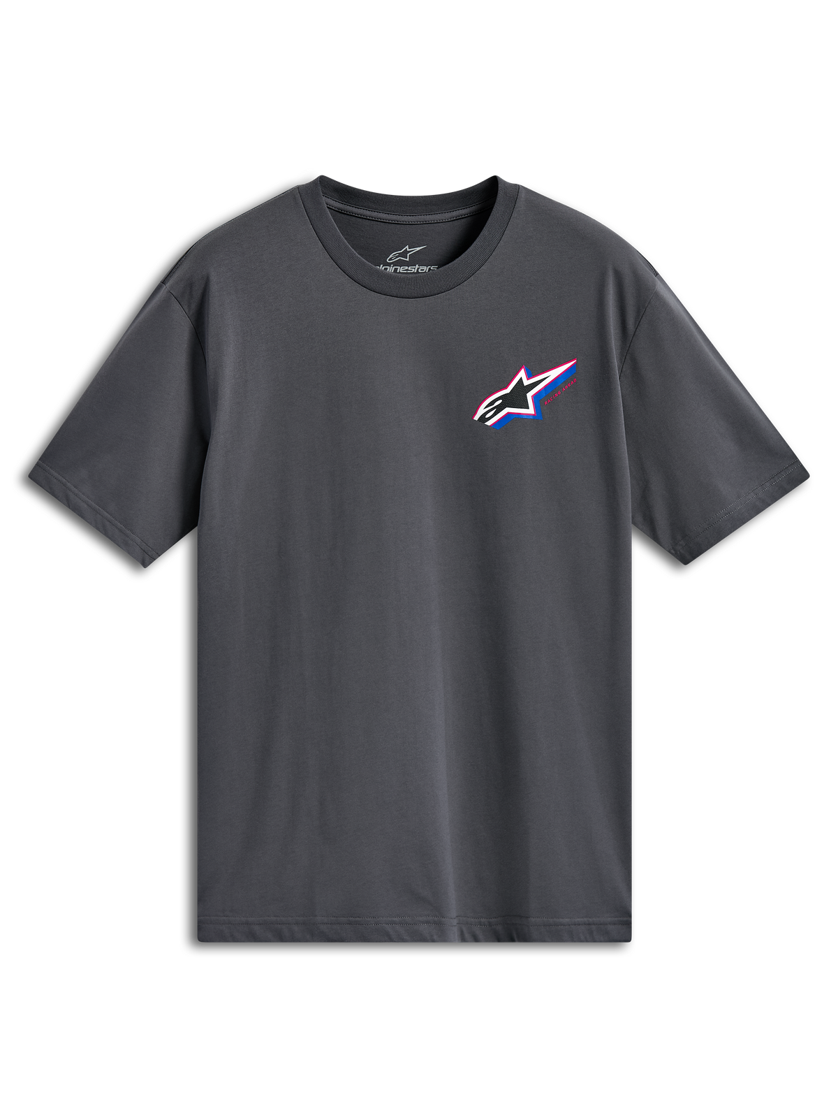 Alpinestars Angler CSF Tee, t-shirt de manga curta, cinzento antracite, logótipo Astars multicolorido no lado esquerdo do peito com detalhes em vermelho e azul, streetwear casual motorsport