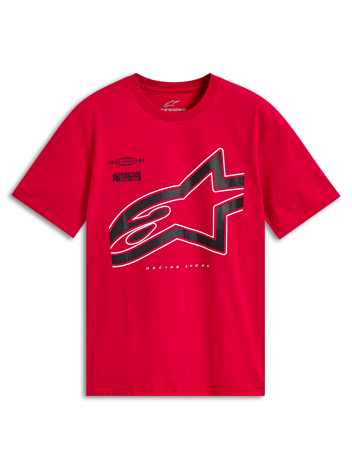 Alpinestars Authority CSF Tee, t-shirt de manga curta vermelha, logótipo Astars grande recortado em preto com contorno branco, vestuário casual de desportos motorizados