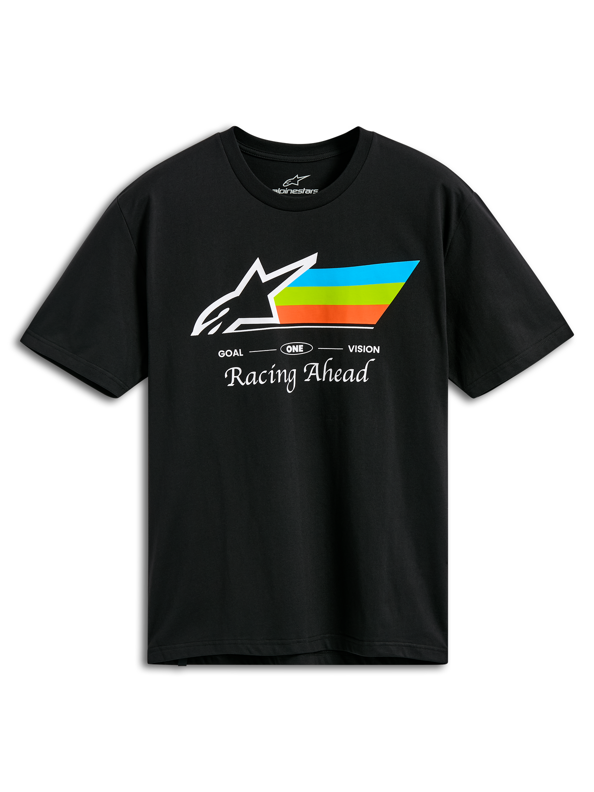 Alpinestars Trifecta CSF Tee, t-shirt de manga curta, preta, com logótipo Astars branco e riscas ciano, verde e laranja, inscrição 'Racing Ahead', vestuário desportivo casual de motorsport
