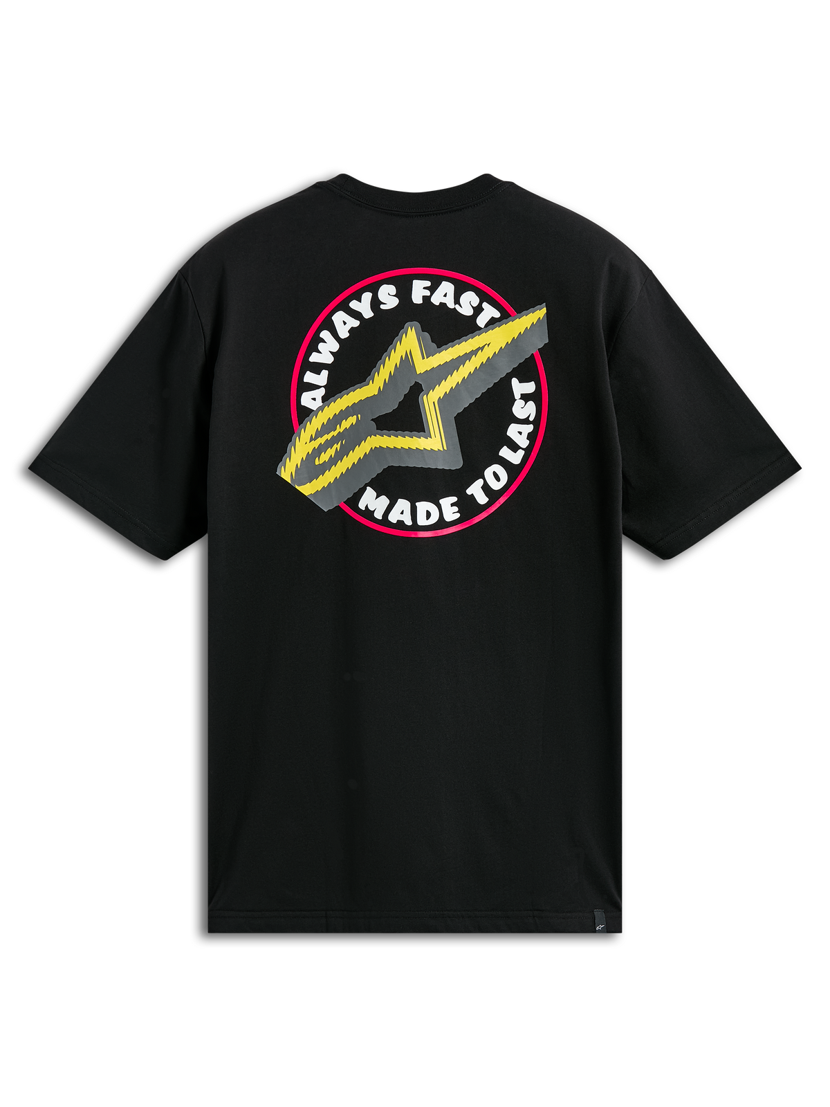 Alpinestars Aorbit CSF Tee, t-shirt de manga curta preta, grande gráfico circular nas costas com o texto "Always Fast Made to Last" e logótipo A-star amarelo, streetwear casual de motorsport