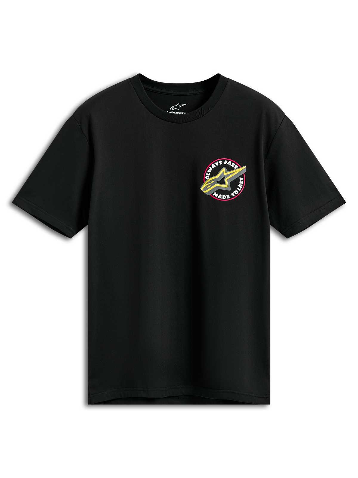 Alpinestars Aorbit CSF Tee, t-shirt de manga curta, preta, logótipo Astars em rosa e amarelo com gráfico Always Fast Made to Last, vestuário desportivo casual de desportos motorizados