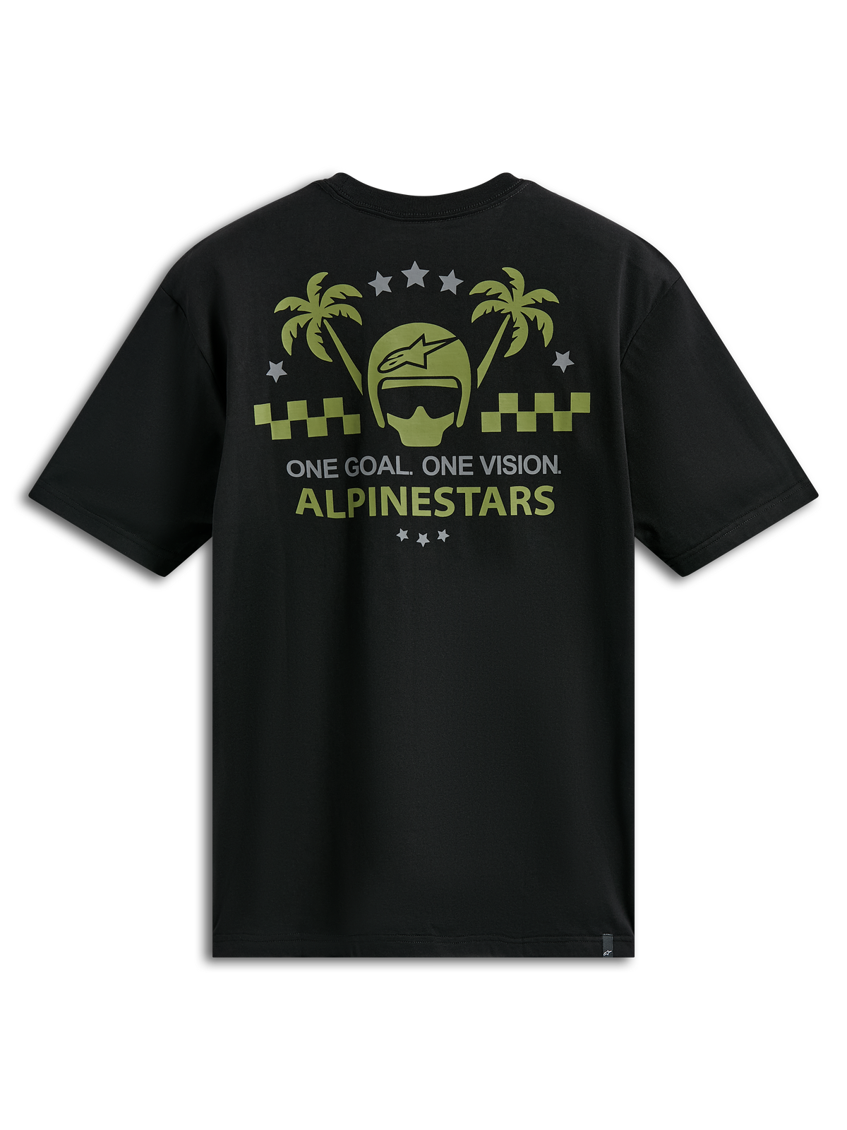 Alpinestars Order CSF Tee, T-shirt de manga curta, preta, estampado em verde-azeitona e cinzento com capacete e palmeiras, texto "One Goal One Vision", vestuário desportivo casual de desportos motorizados