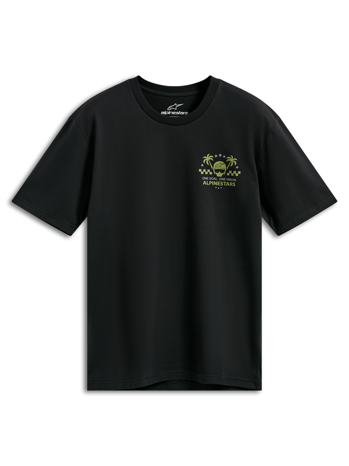 Alpinestars Order CSF Tee, t-shirt de manga curta preta, gráfico no peito em tons de amarelo e verde com capacete e palmeiras, texto "One Goal One Vision", streetwear casual de desportos motorizados