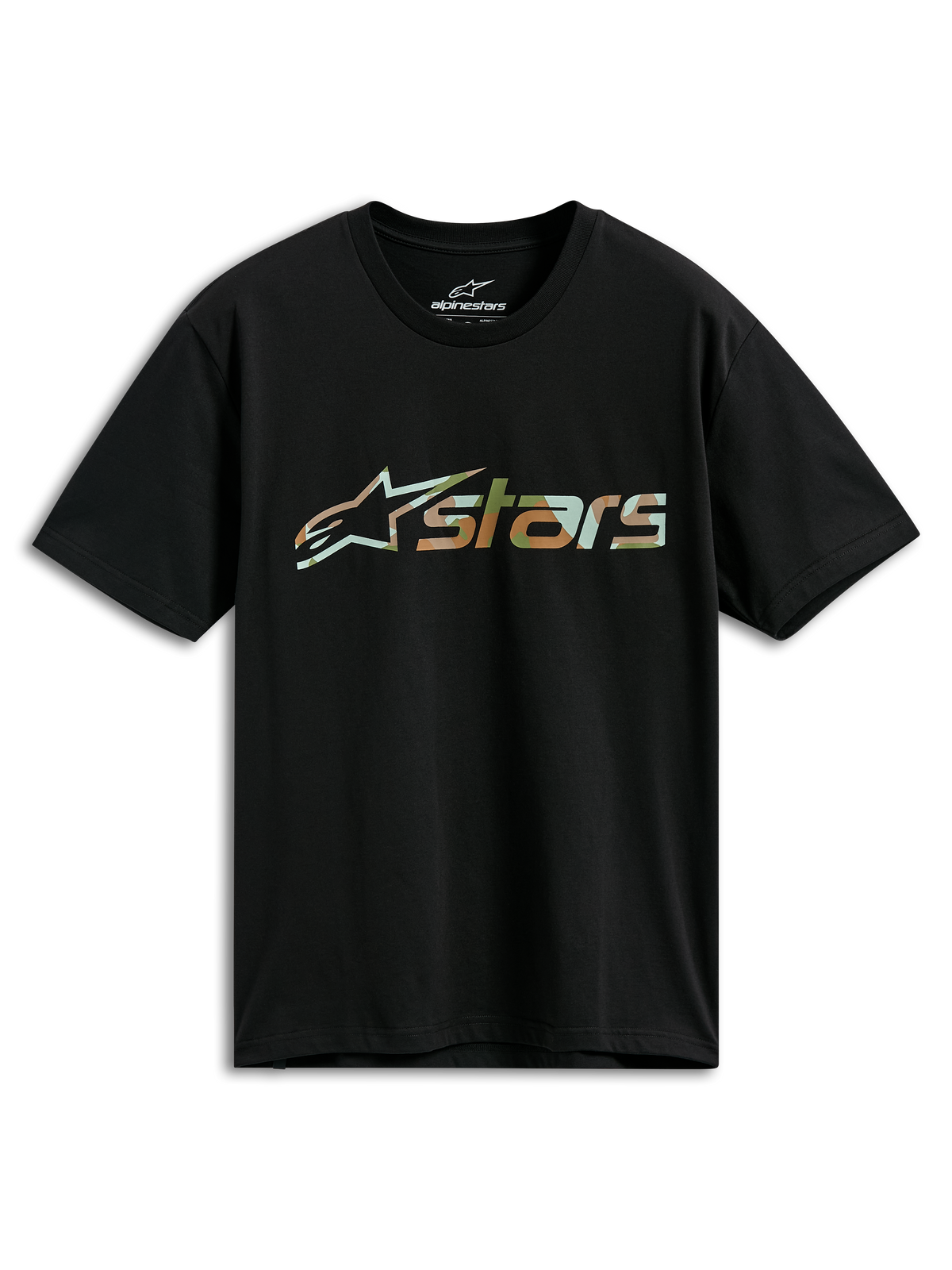 Alpinestars Verdure Camo CSF Tee, t-shirt de manga curta, preta, logótipo Astars com enchimento camuflado, streetwear casual de motorsport