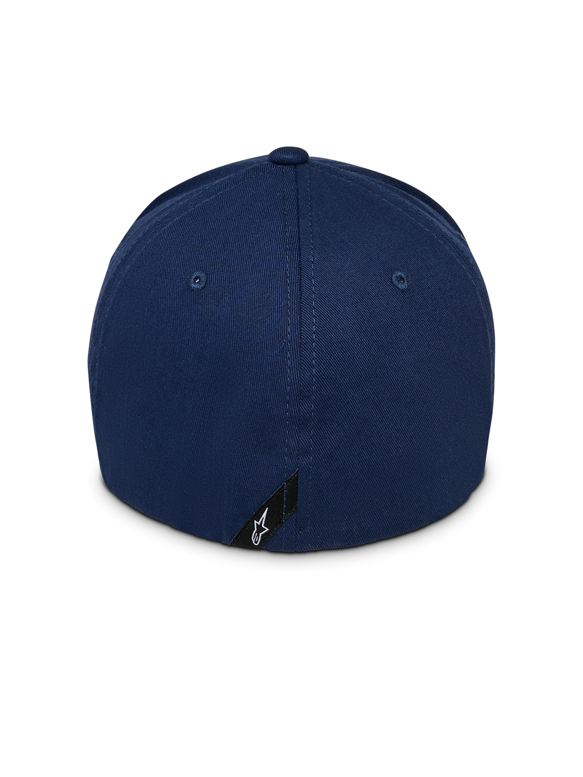 Alpinestars Instinct Hat, boné de basebol azul-marinho, vista traseira com copa estruturada e design de parte de trás flexível, apresentando uma pequena etiqueta preta com o logótipo da estrela Astars em branco no rebordo inferior