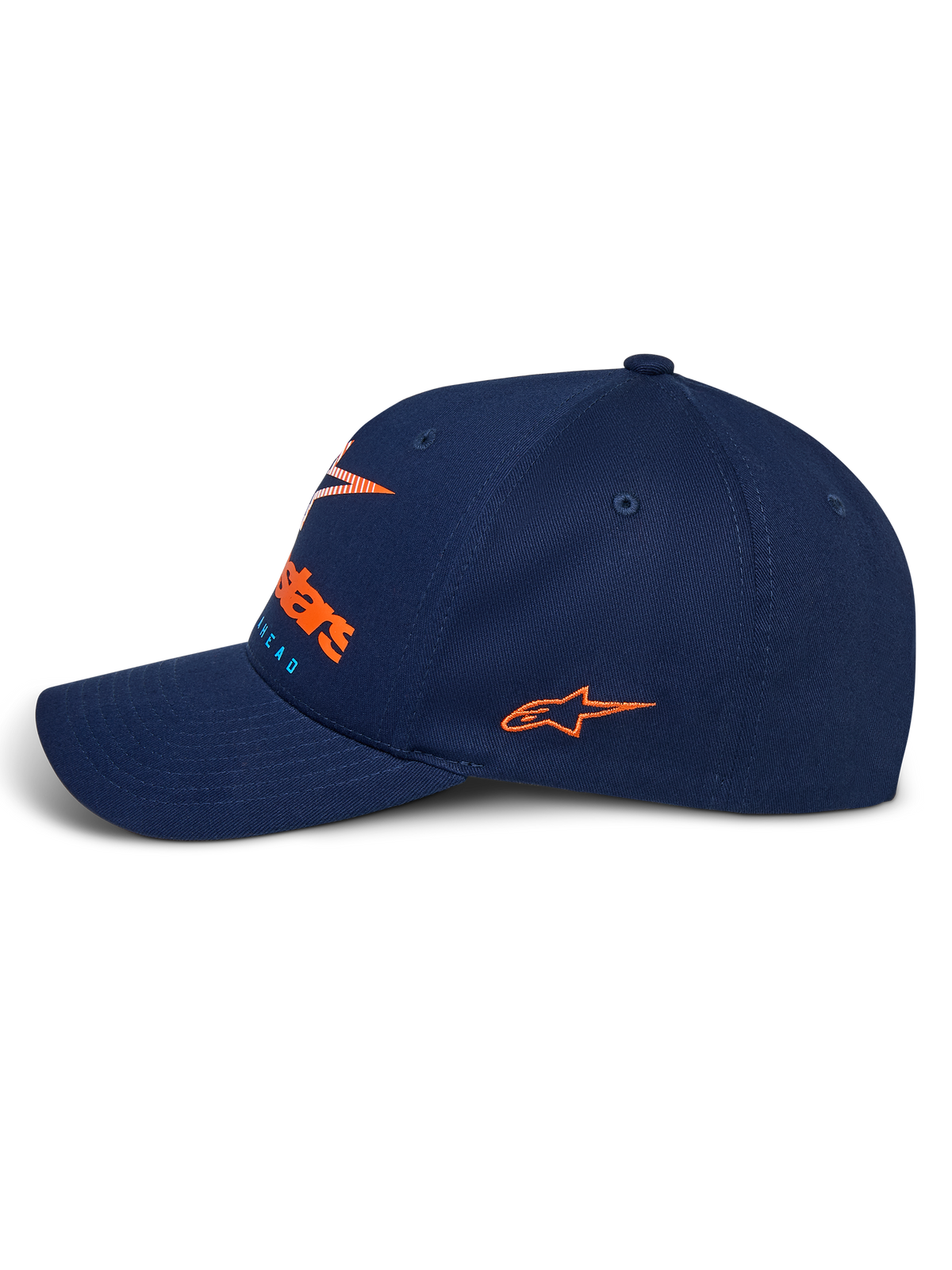 Alpinestars Instinct Hat, boné sportswear azul marinho, vista lateral de perfil com pala curvada, logótipo lateral bordado a laranja, logótipo frontal com impressão em gradiente laranja e copa estruturada em tecido de sarja