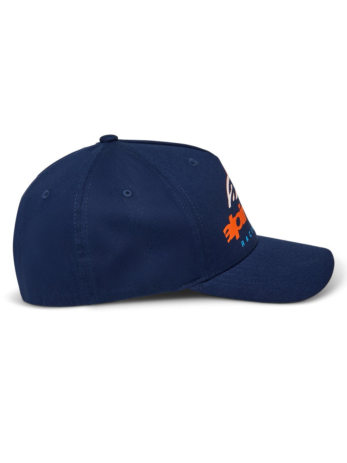 Alpinestars Instinct Hat, boné azul marinho, pala curvada com copa estruturada, vista de perfil lateral com impressão de logótipo em gradiente laranja e azul, sportswear casual