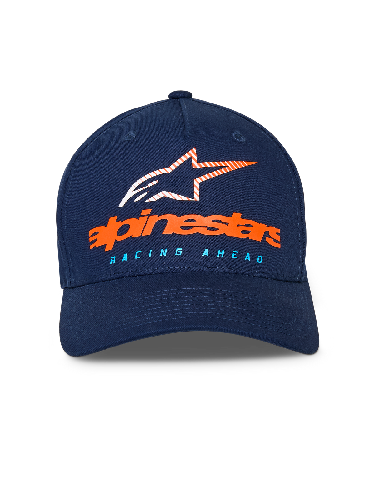 Alpinestars Instinct Hat, boné de basebol azul marinho, pala curva com copa estruturada, logótipo Alpinestars cor-de-laranja e logótipo de estrela com riscas na frente, texto "RACING AHEAD" em azul claro, vestuário desportivo casual