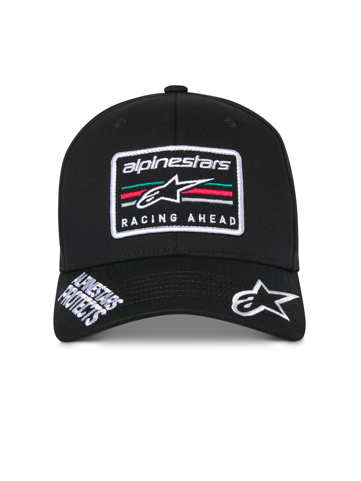 Alpinestars Surpass Hat, boné de basebol estruturado preto, pala curva com logótipo Astars e texto 'Alpinestars Protects' bordados a branco, remendo frontal com o logótipo 'Racing Ahead' e riscas multicoloridas, acessório casual inspirado no desporto motorizado