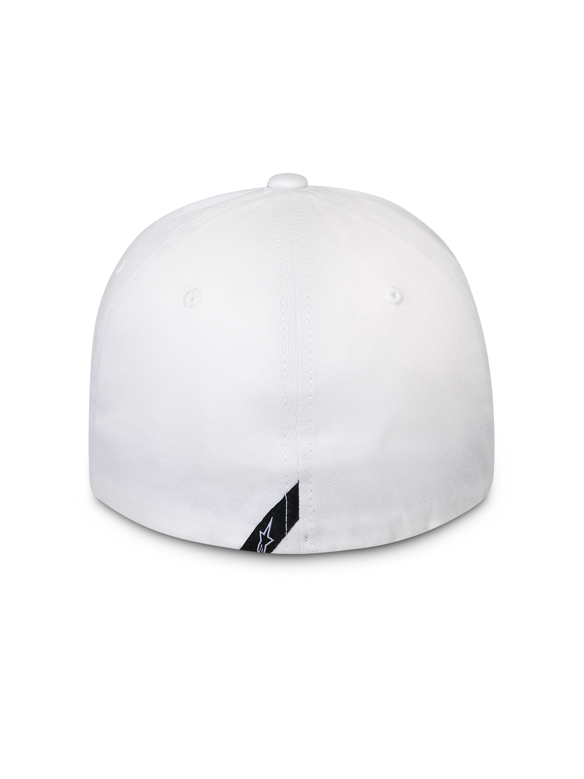 Boné Alpinestars Surpass, branco, vista traseira de boné de basebol flex-back, copa estruturada, com uma pequena etiqueta preta diagonal do logótipo Alpinestars na borda inferior, vestuário desportivo casual