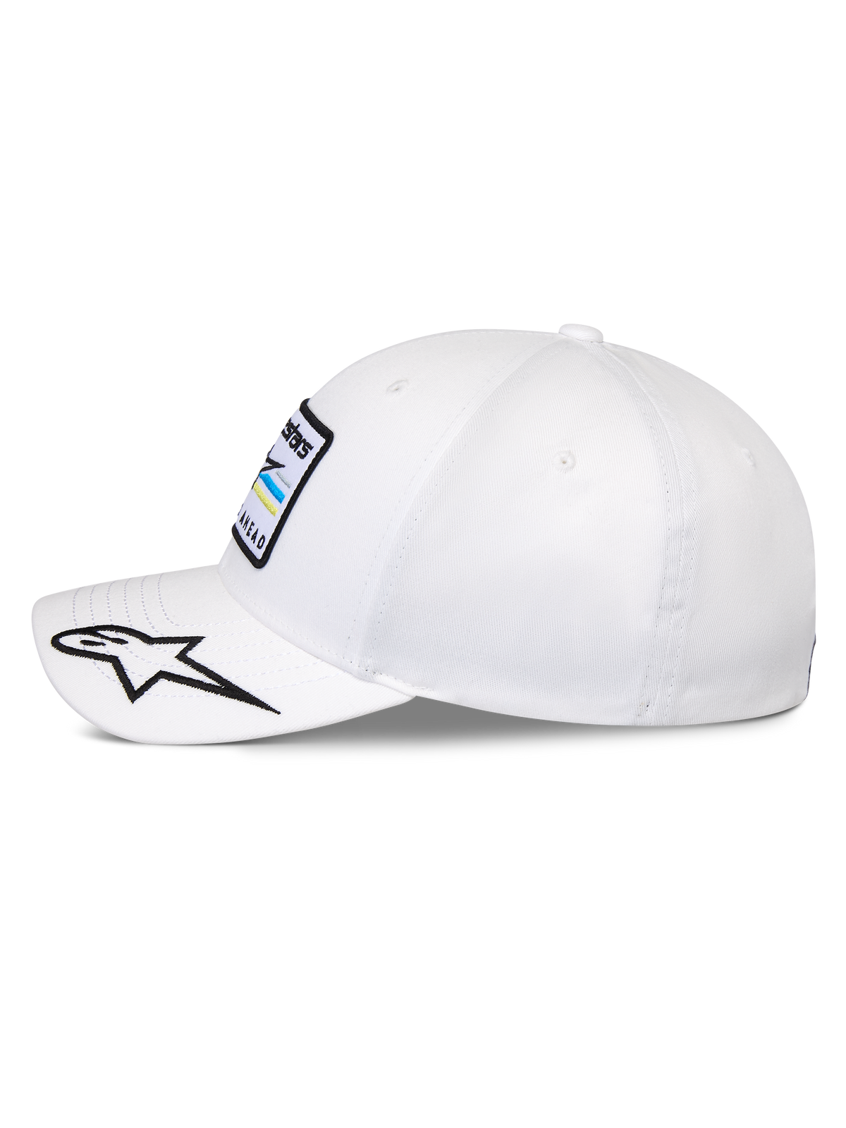 Alpinestars Surpass Hat, boné de basebol estruturado, branco, pala curva com logótipo de estrela bordado a preto e branco, vista de perfil lateral mostrando o patch frontal do logótipo Astars, acessório casual inspirado no desporto motorizado