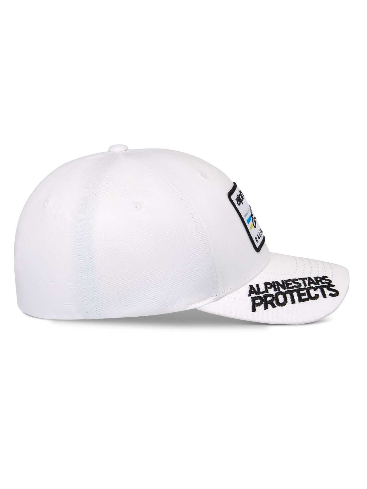 Boné Alpinestars Surpass, branco, pala curvada com bordado preto 'ALPINESTARS PROTECTS', copa estruturada com patch de logótipo na frente, boné de basebol casual de estilo sportswear