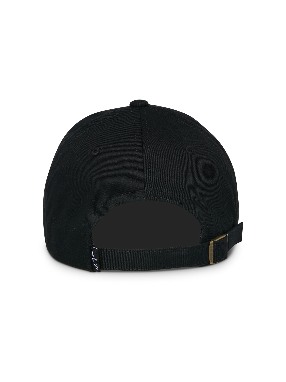 Alpinestars Calipalm Strapback Hat, boné preto, vista traseira com fecho ajustável com fivela metálica, pequena etiqueta de logótipo tecida e construção em sarja de algodão não estruturada