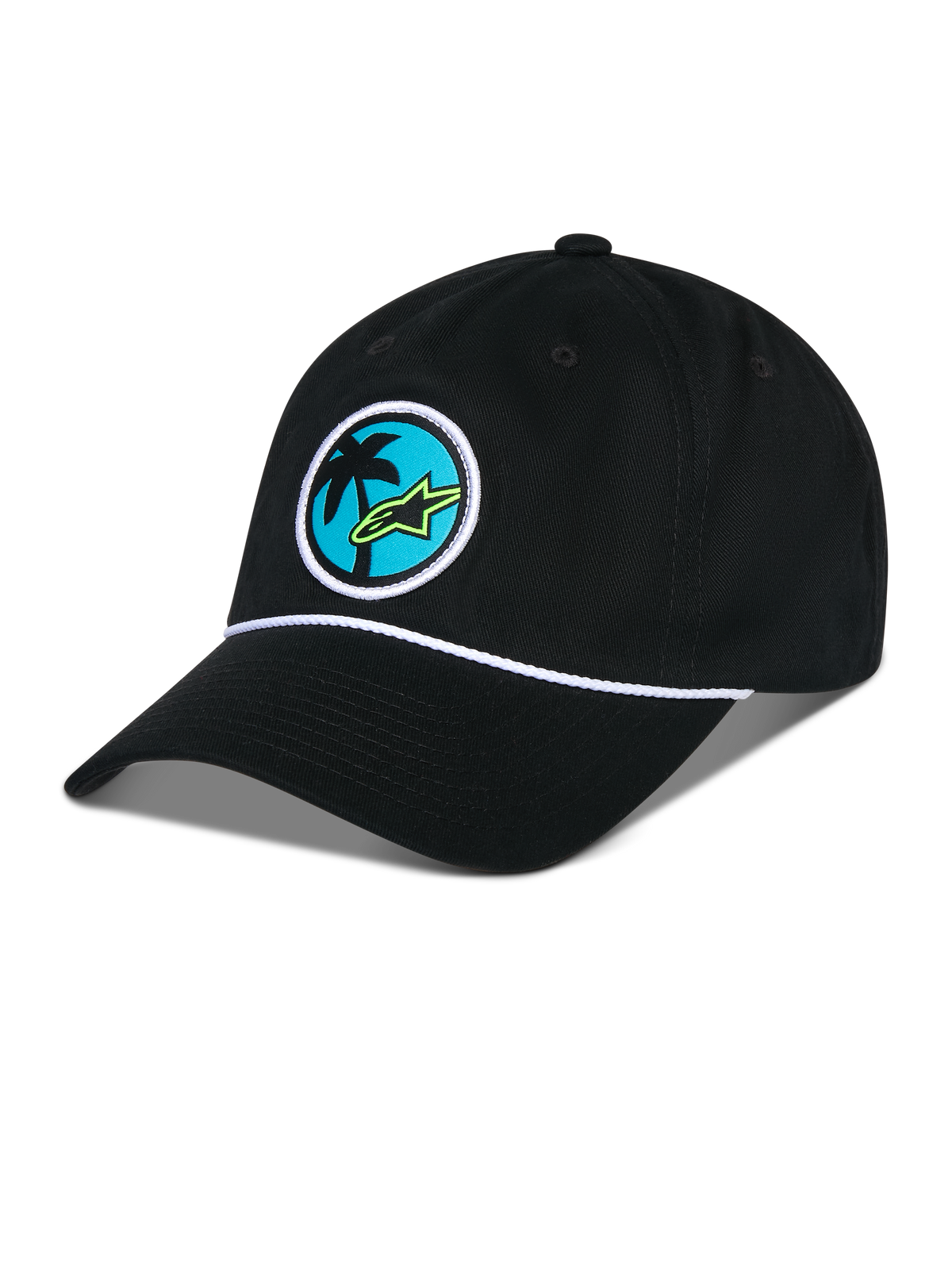 Boné Alpinestars Calipalm Strapback, preto, copa baixa não estruturada com pala curva, detalhe de corda branca, patch circular frontal com uma palmeira e logótipo Astars em verde lima, vestuário desportivo casual