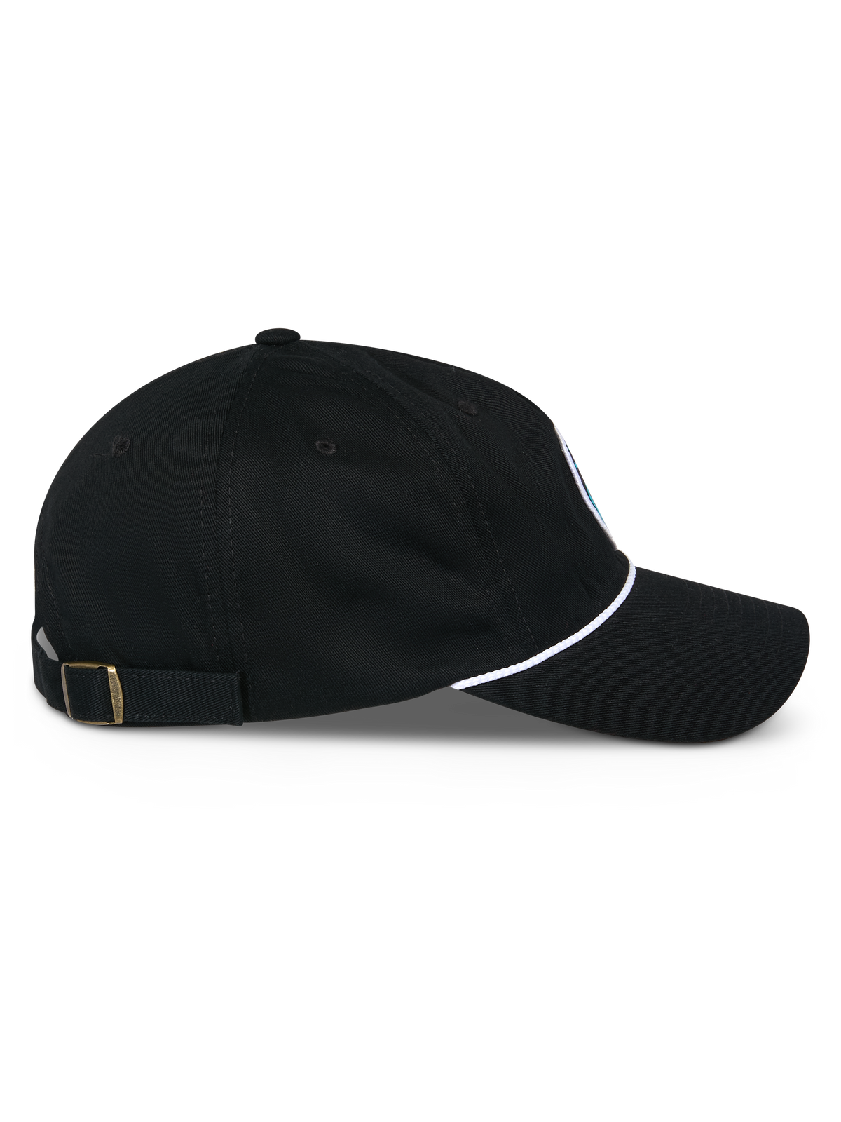 Boné Alpinestars Calipalm Strapback, perfil lateral, preto, pala curva com detalhe de cordão branco, fecho ajustável strapback com fivela de latão, sarja 100% algodão, acessório casual inspirado no desporto motorizado