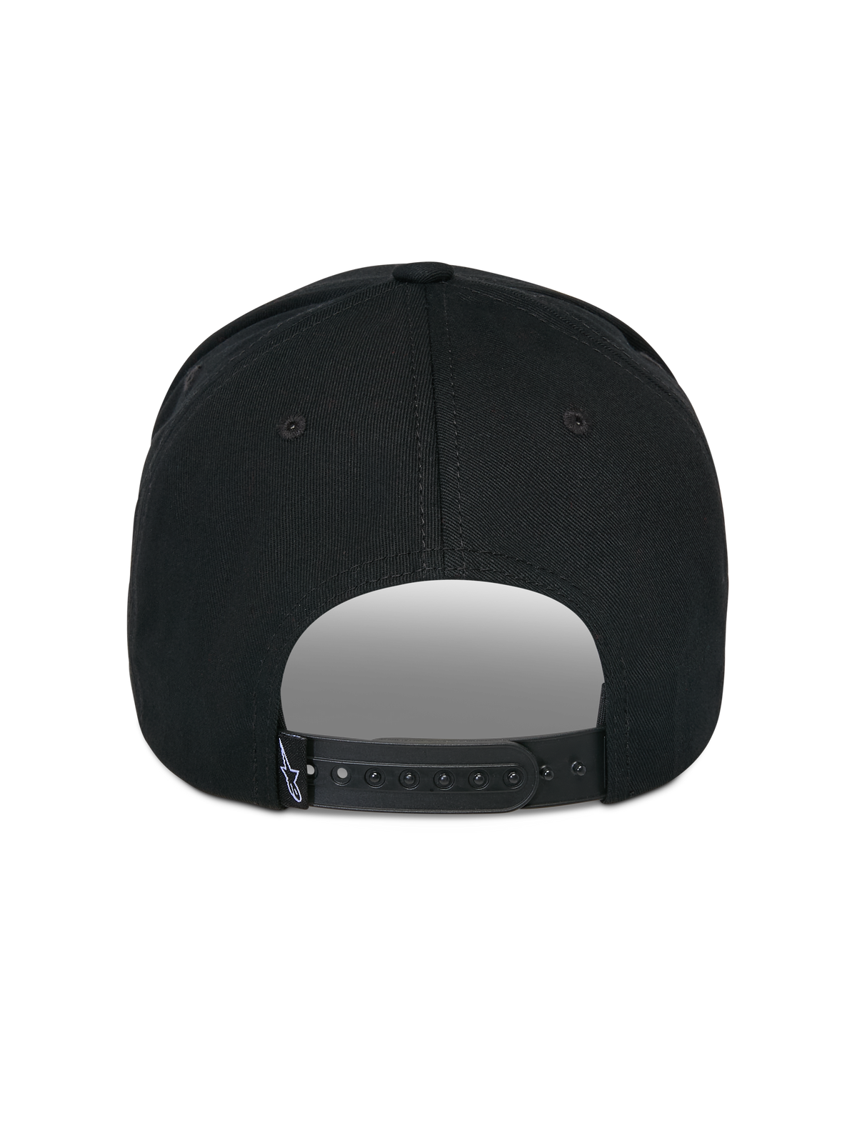 Boné Alpinestars Matrix Snapback, preto, vista traseira, com fecho snapback ajustável e pequena etiqueta de logótipo branca, copa estruturada e pala curva, streetwear casual inspirado no desporto motorizado
