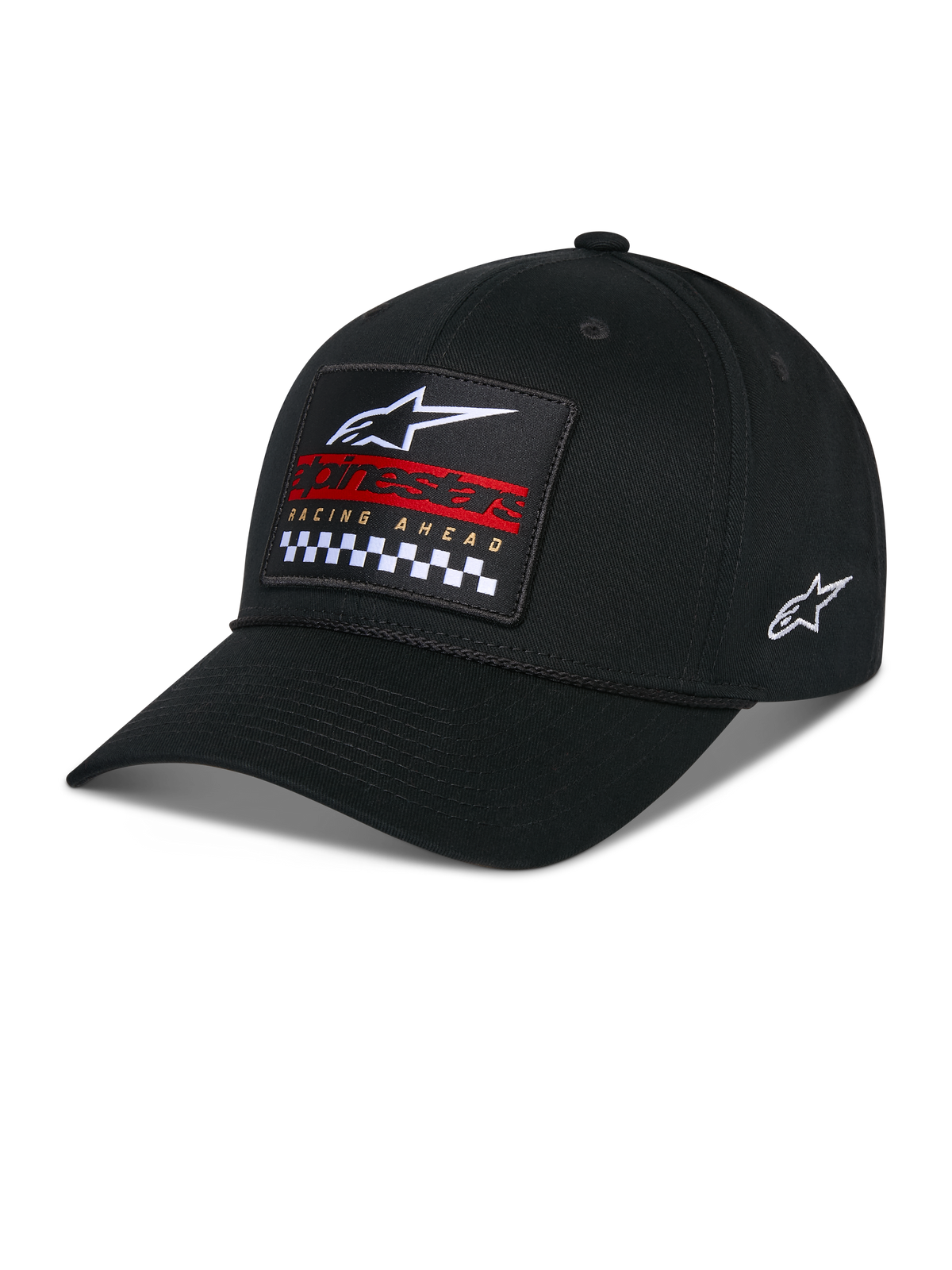 Boné Alpinestars Matrix Snapback, preto, pala curva com copa estruturada, patch frontal bordado multicolorido com o logótipo Alpinestars, marca vermelha e padrão axadrezado, logótipo lateral bordado, acessório casual de desportos motorizados