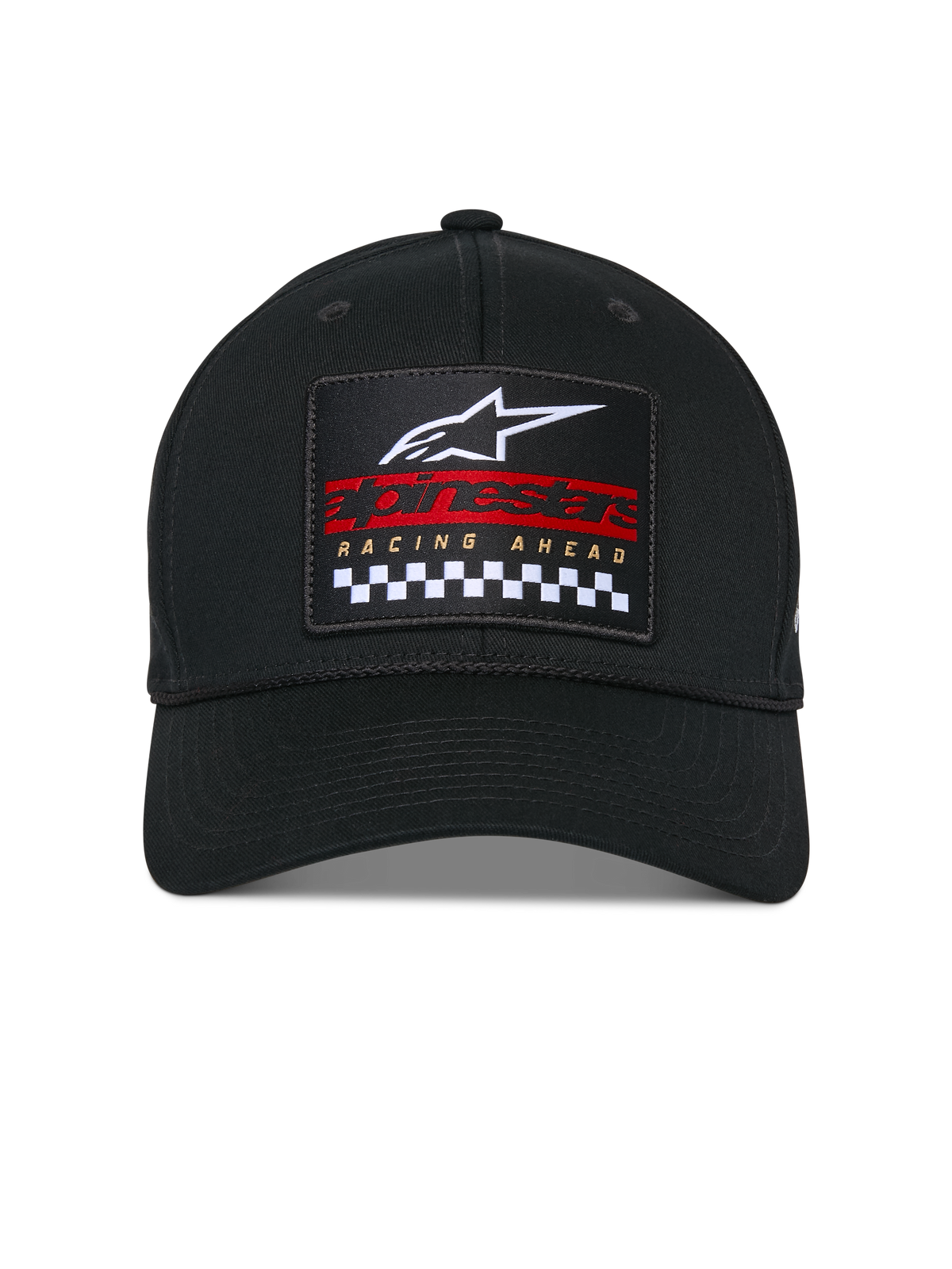 Boné Alpinestars Matrix Snapback, preto, copa estruturada e pala curva, vista frontal com patch bordado multicolorido com o logótipo Astars branco, marca a vermelho e padrão axadrezado a preto e branco, acessório casual de estilo motorsport