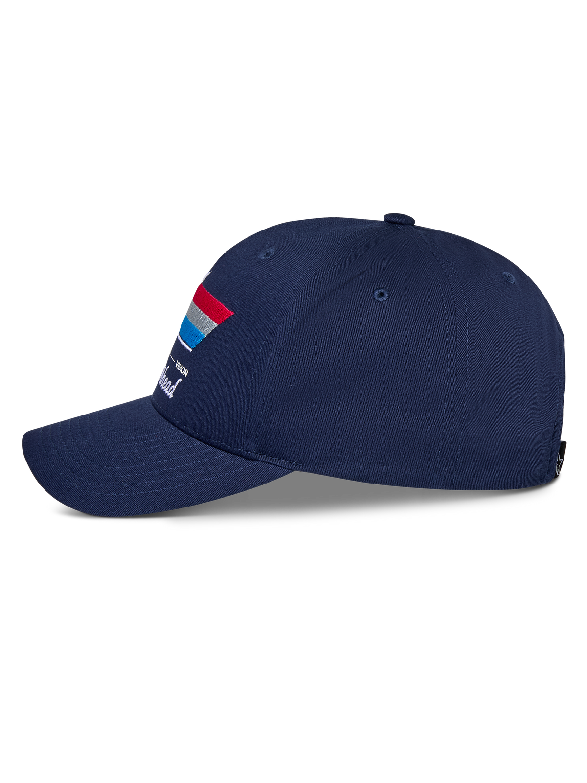 Alpinestars Trifecta Snapback Hat, Navy Blue, Side View, Featuring Curved Bill and Tri-Color Stripe Graphic with White Text, Casual Motorsport Headwear