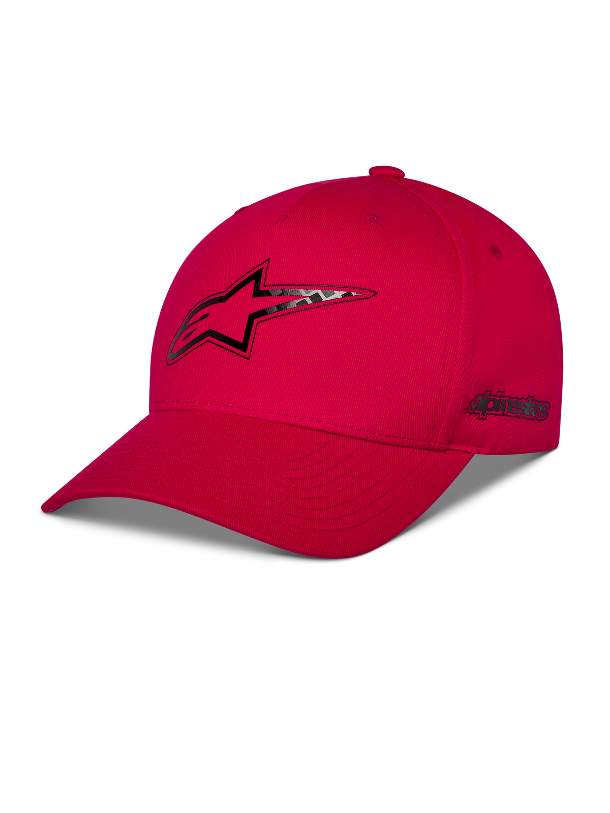 Alpinestars Carbon Fiber Snapback Hat, Red, front Astars logo and side wordmark with carbon fiber look heat transfer print, curved bill and structured crown, casual motorsport streetwear