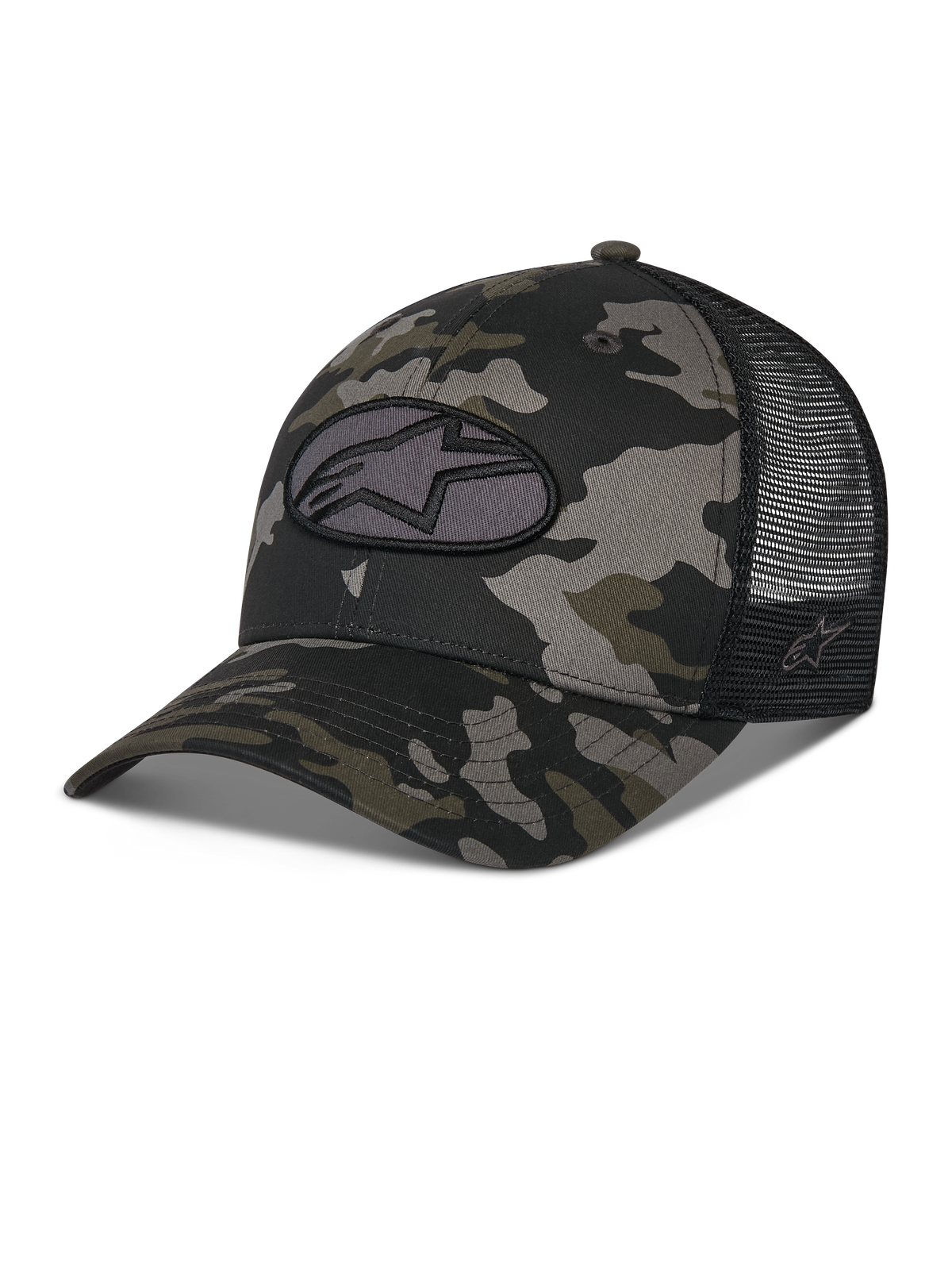 Alpinestars Oblique Camo Trucker Hat, padrão de camuflagem preto com malha traseira preta, com patch oval bordado com o logótipo Astars na frente, pala curva e copa estruturada, acessório casual inspirado no desporto motorizado
