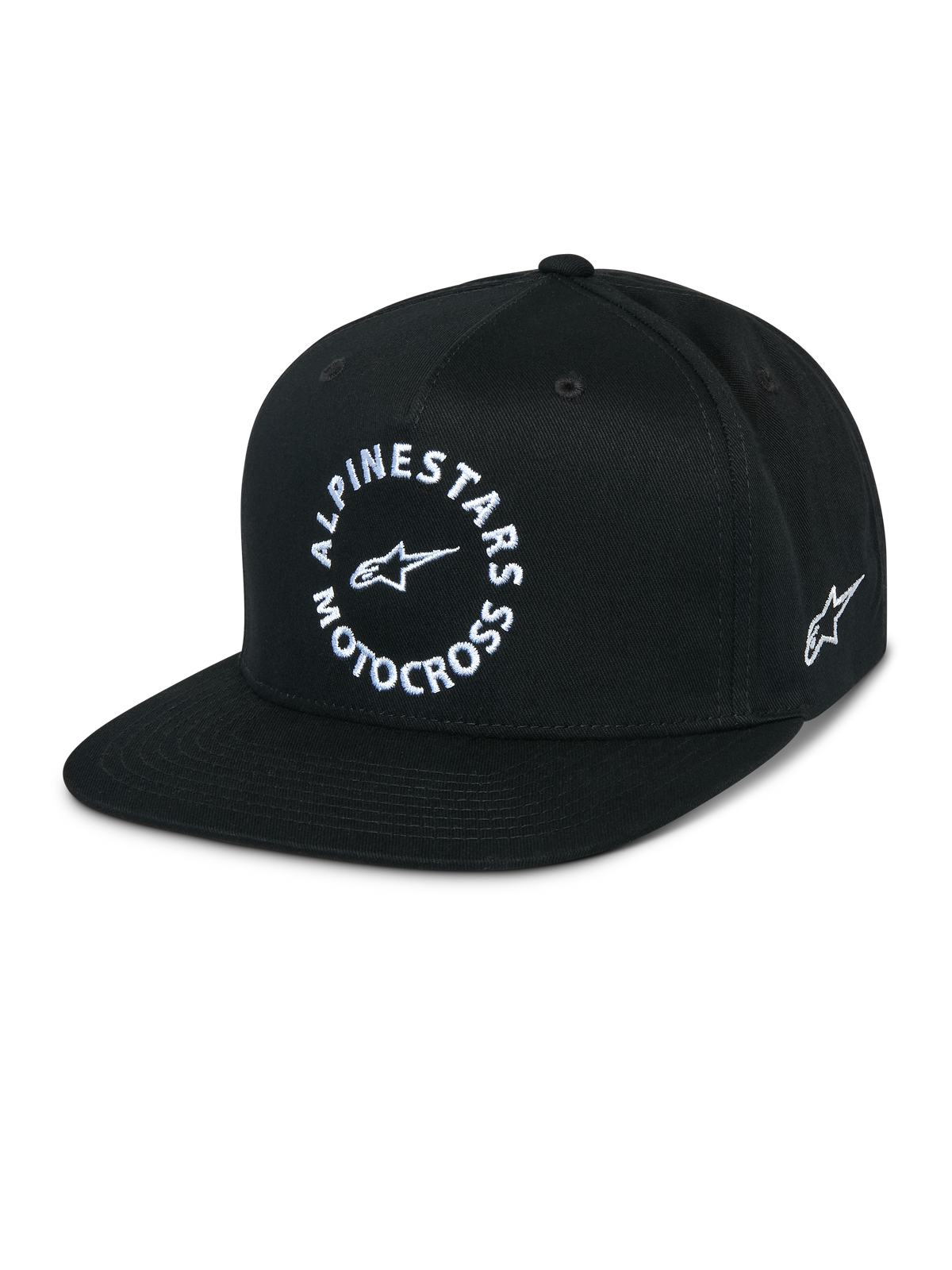 Boné Alpinestars MX Snapback, boné preto de pala plana com copa estruturada, gráfico frontal circular branco Alpinestars Motocross, logótipo Astars bordado na lateral, sarja 100% algodão, vestuário desportivo casual de desportos motorizados