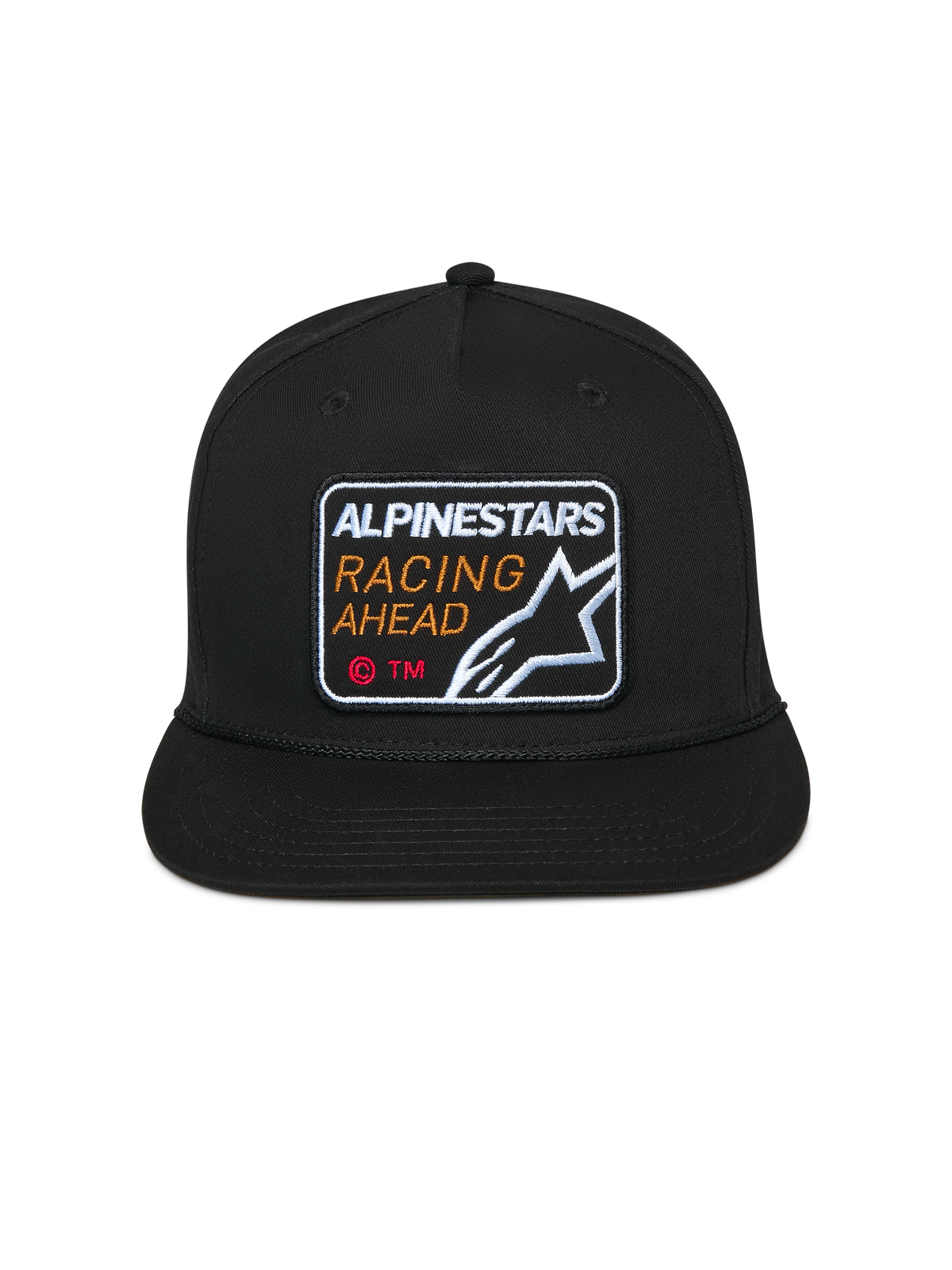 Alpinestars Intuitive Snapback Hat, Black, Front Alpinestars Racing Ahead Embroidered Patch, Flat Bill with Structured Crown, Casual Motorsport Headwear