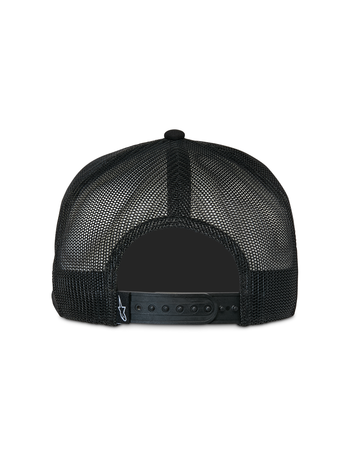 Boné Trucker Alpinestars Contender, preto, vista traseira com malha de poliéster e fecho snapback ajustável, pequena etiqueta branca com o logótipo Astars, acessório casual inspirado no desporto motorizado