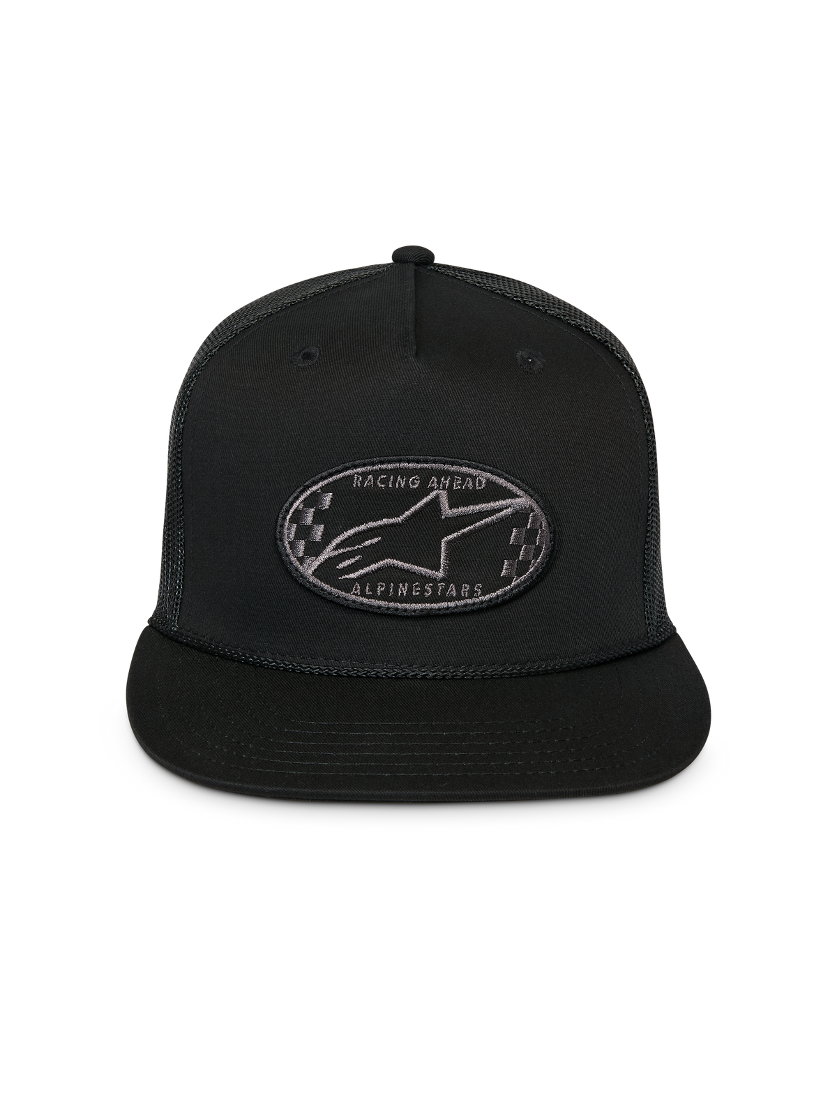 Boné Trucker Alpinestars Contender, preto, boné snapback estruturado com pala plana, remendo bordado oval frontal com logótipo Astars e padrão xadrez, parte traseira em malha, acessório de cabeça sportswear casual