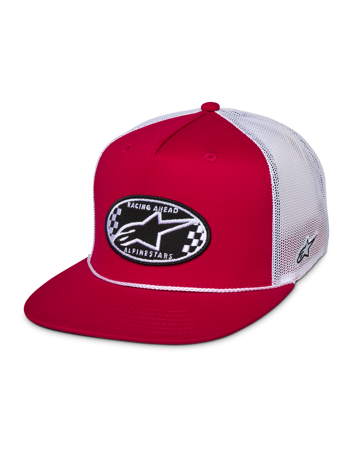 Alpinestars Contender Trucker Hat, Red and White, Flat bill snapback featuring a front oval checkered Astars embroidery patch, white poly mesh back, casual motorsport streetwear