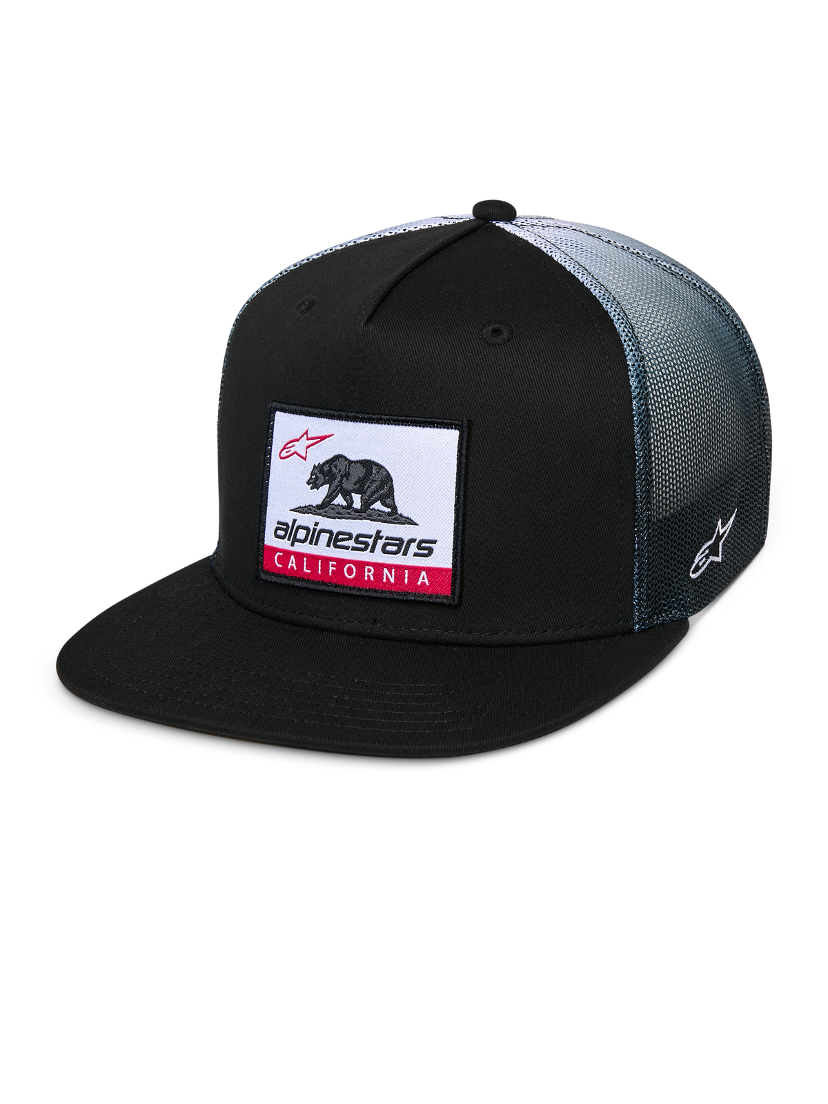 Alpinestars Cali Gradient Trucker Hat, boné trucker, preto com malha traseira em gradiente cinzento, com patch de etiqueta tecida Cali Bear e detalhes vermelhos, pala plana, logótipo Astars bordado na lateral, vestuário desportivo casual