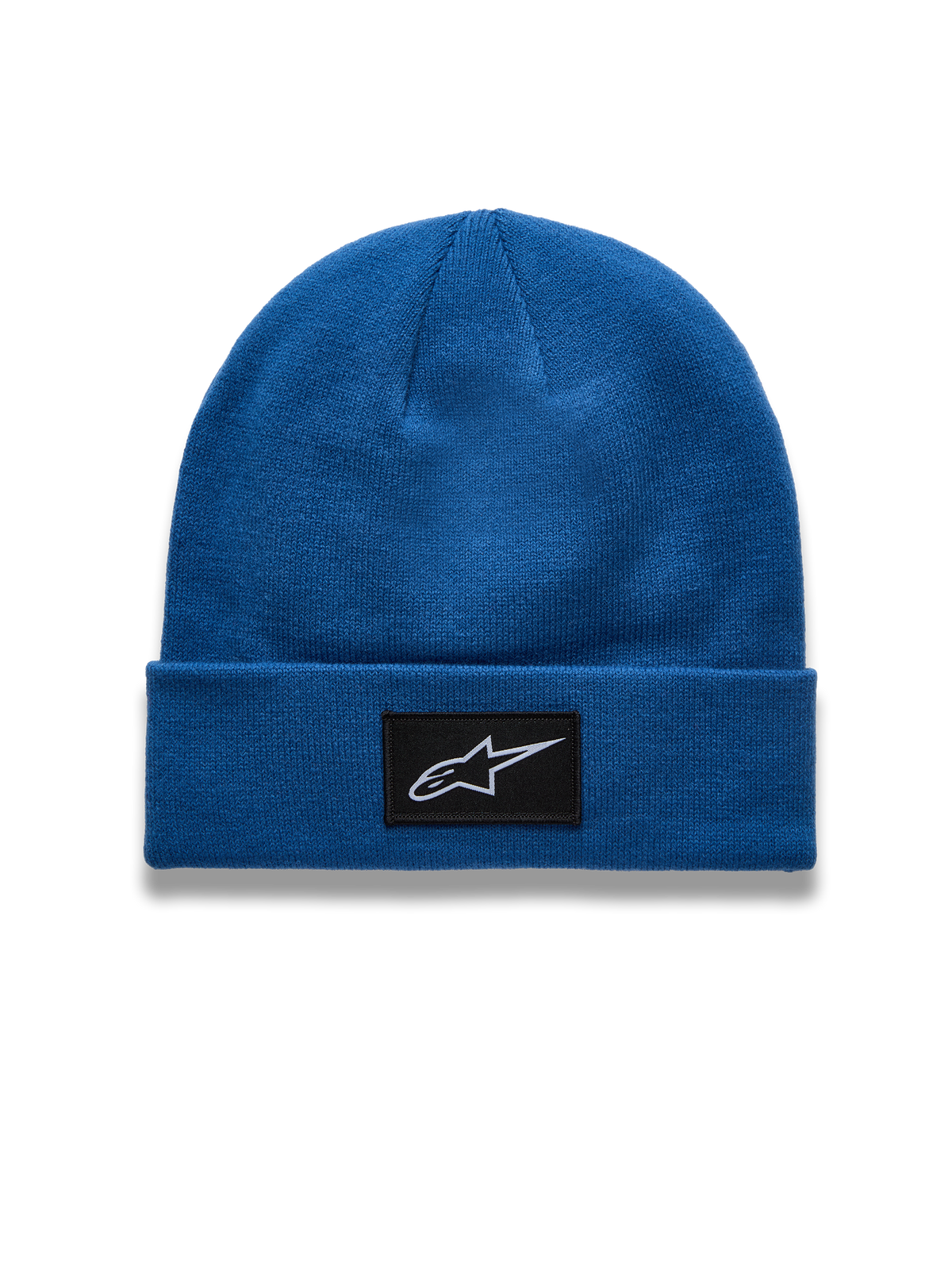 Alpinestars Augment Cuff Gorro, gorro de malha azul com patch preto e logótipo Astars, ponto jersey, sportswear casual.