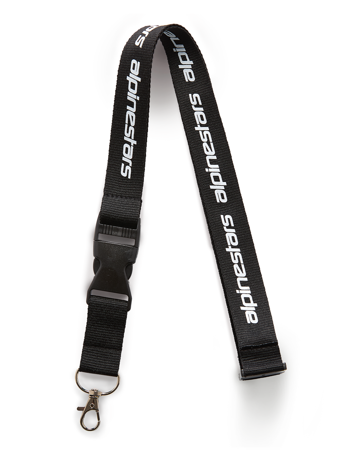 Lanyard Linear Alpinestars, preto e branco, fita preta com logótipo Alpinestars impresso em branco, com fivela de segurança em plástico preto e mosquetão metálico rotativo, acessório de sportswear casual