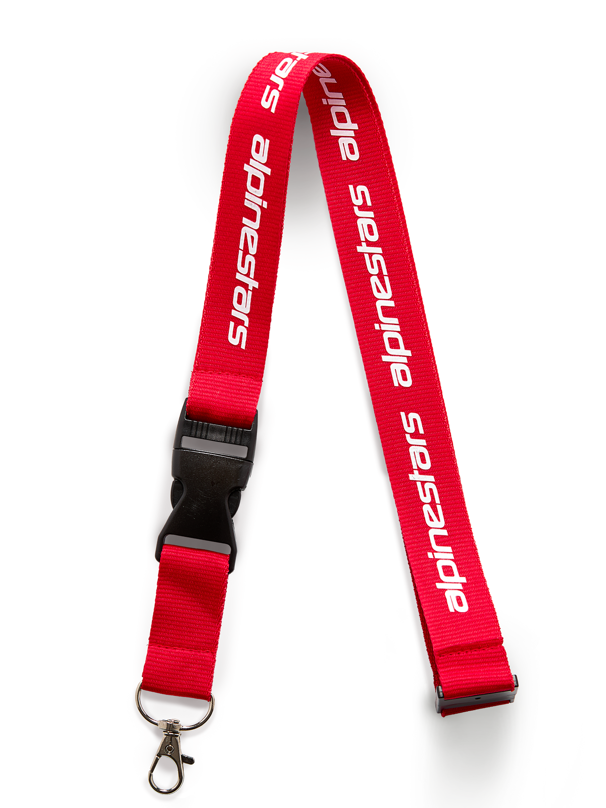 Alpinestars Linear Lanyard, Red and White, features printed Alpinestars word logo, black breakaway clip and detachable metal swivel clip, motorsport-inspired accessory