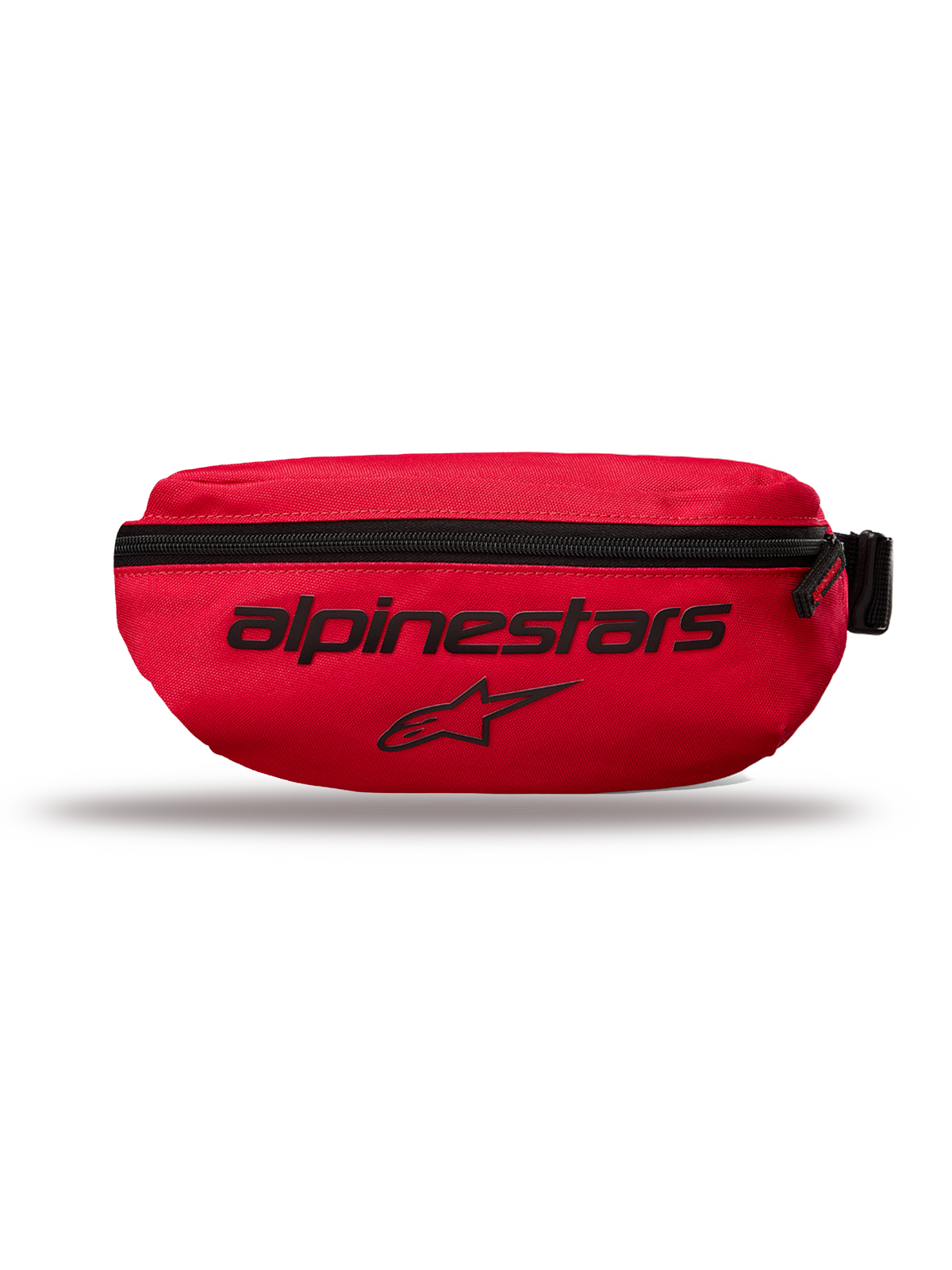 Alpinestars Only Linear Hip Bag, bolsa de cintura pequena, vermelha, com texto Alpinestars e logótipo de estrela pretos, fecho de correr vertical, poliéster 600D durável, estilo streetwear urbano