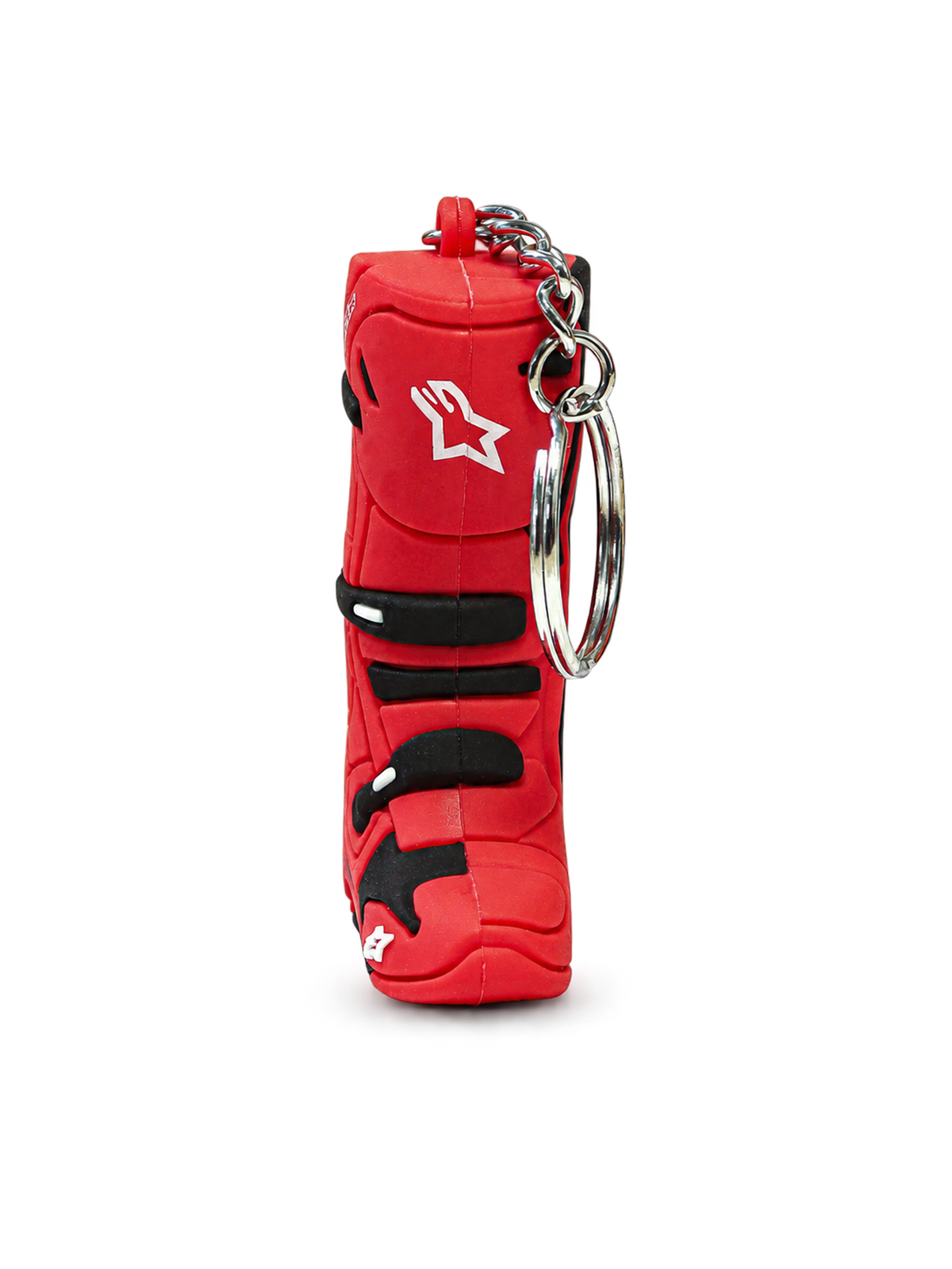 Alpinestars Porta-Chaves Tech 10 Boot, acessório em forma de bota de motocross, vermelho e preto com detalhes do logótipo em branco, construção em policloreto de vinila e anel de pressão metálico