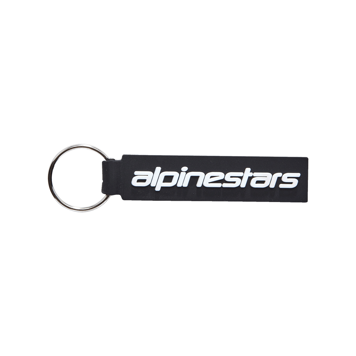 Alpinestars Linear Key Fob, porta-chaves retangular preto com logótipo branco, argola metálica prateada, construção em PVC moldado em 3D premium, acessório inspirado no desporto motorizado