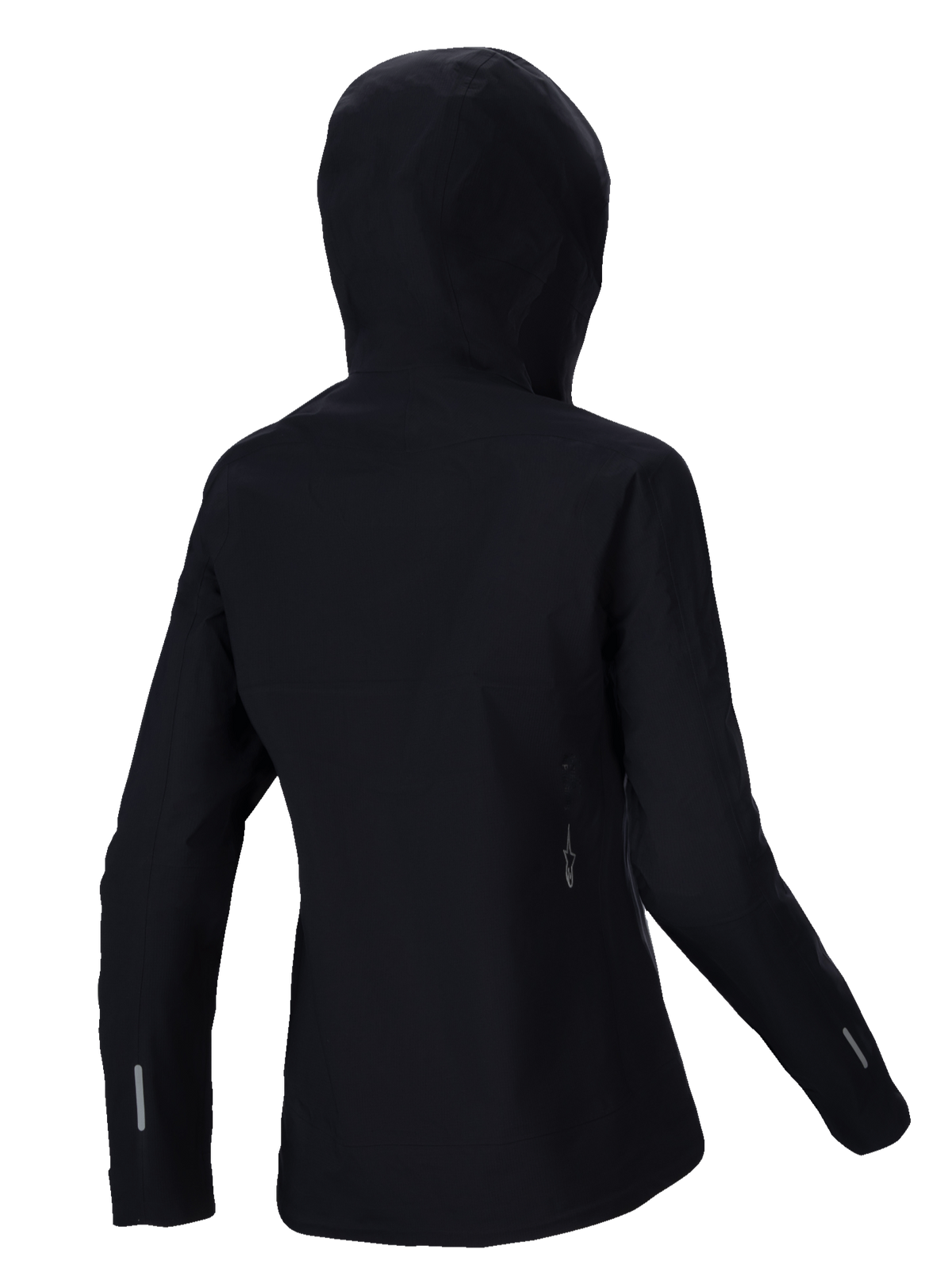 Alpinestars Stella A-Dura Elite Waterproof Jacket, casaco impermeável de BTT para mulher, preto, vista traseira com o capuz sobre o capacete, detalhes refletores nas mangas e na parte inferior das costas, tecido ripstop durável para trilhos em todas as condições meteorológicas