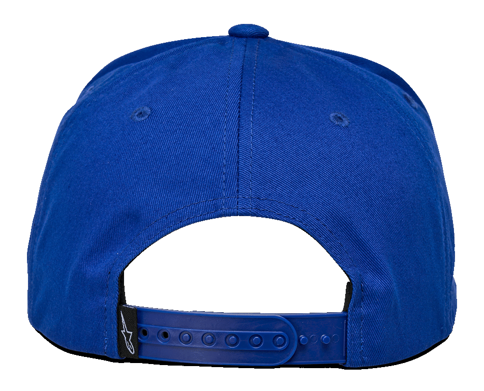 Boné Alpinestars Los Angeles, vista traseira, sarja de algodão azul, fecho snapback azul ajustável, pequena etiqueta preta com logótipo Ageless branco, acessório de cabeça casual desportivo